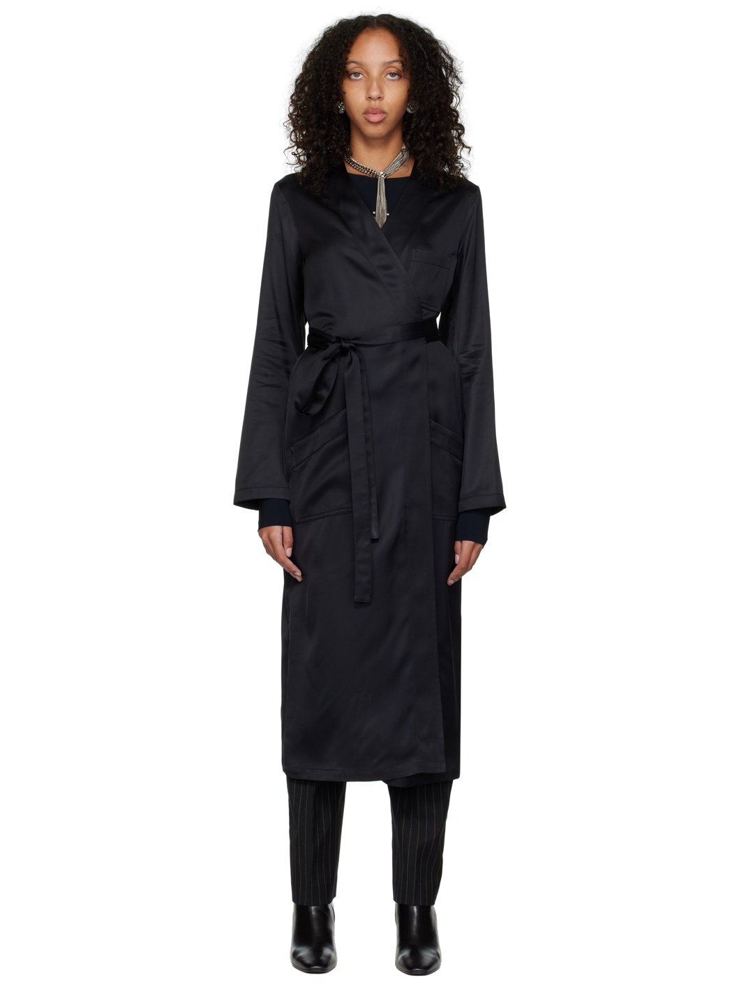 Black Self-Tie Trench Coat - 1