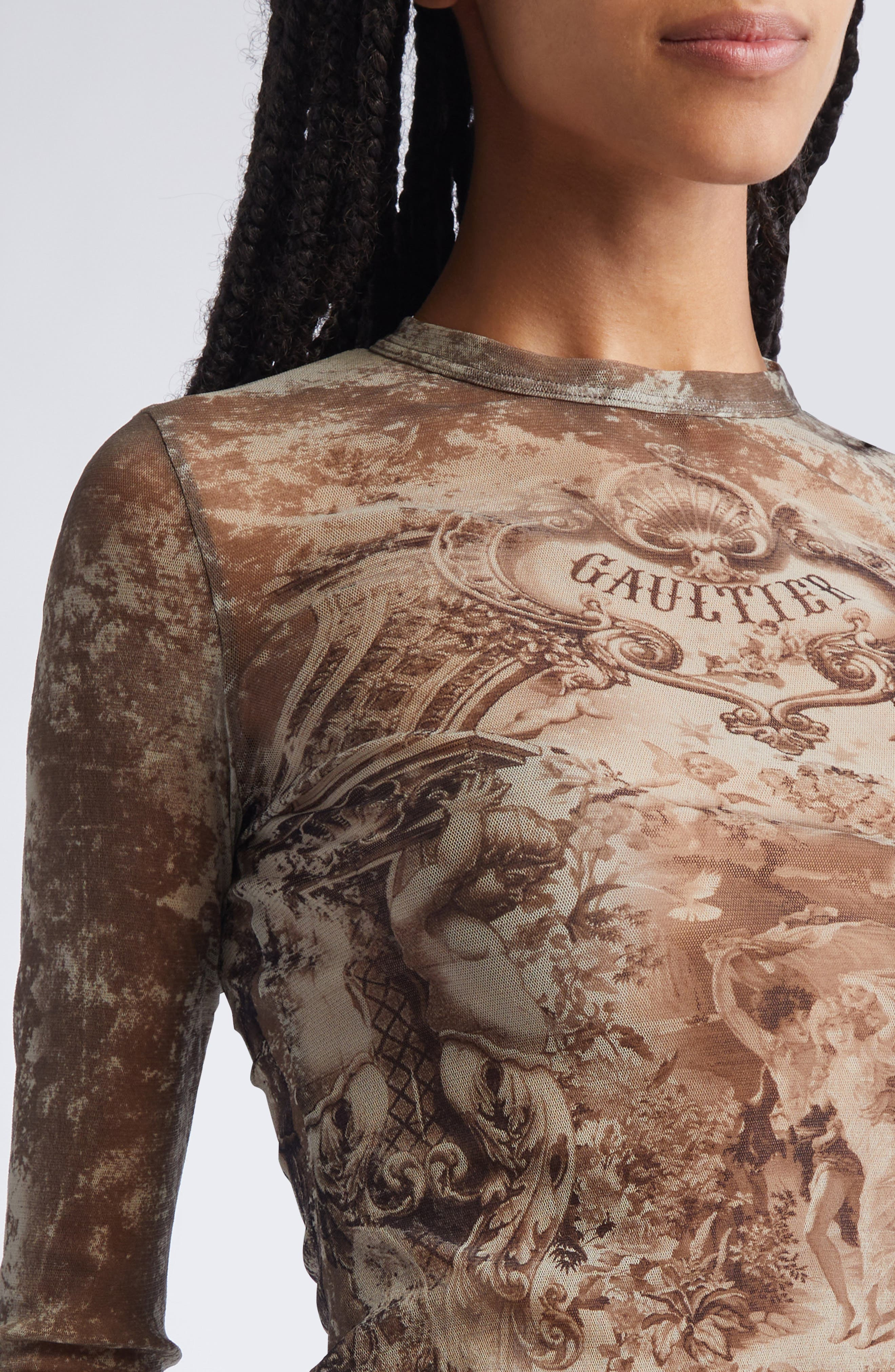 Jean Paul Gaultier Medallion Print Long Sleeve Mesh Top in Light Beige/Taupe at Nordstrom - 5