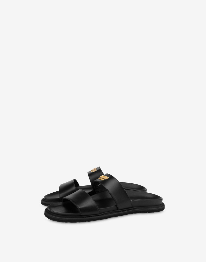 METAL LOGO CALFSKIN POOL SLIDERS 1