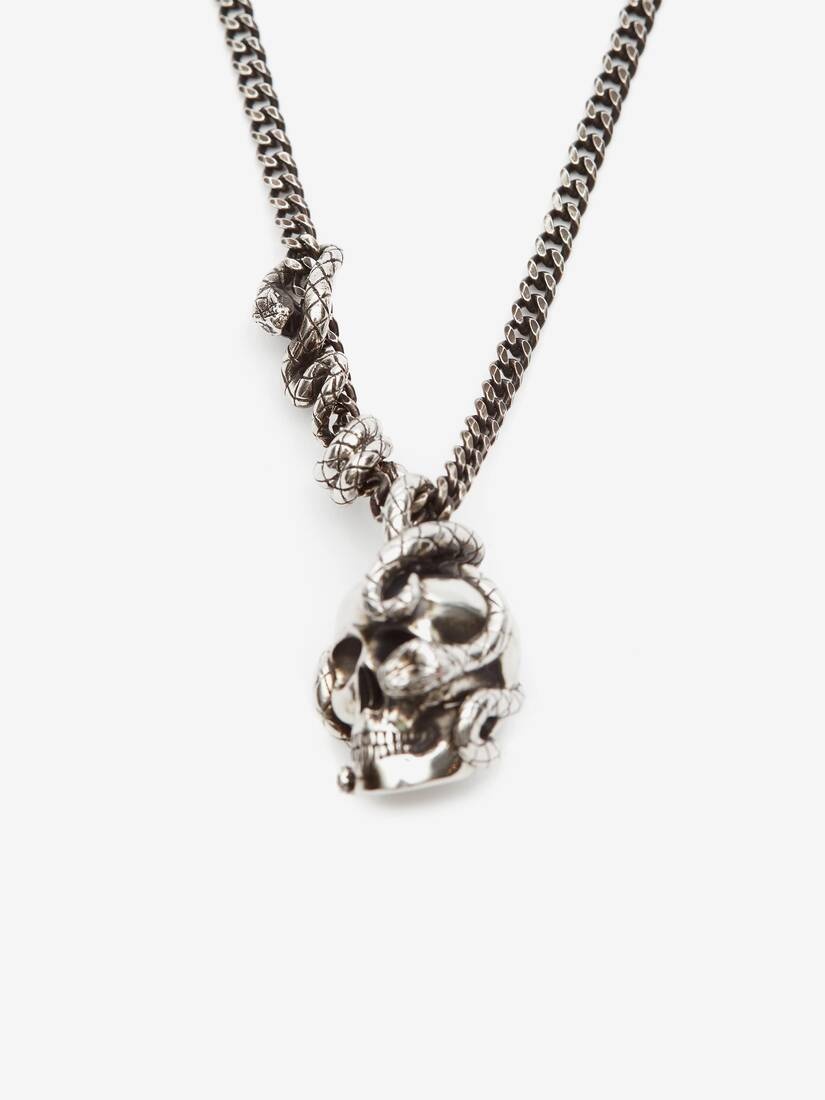 Men's Skull And Snake Necklace in Antique Silver - 2