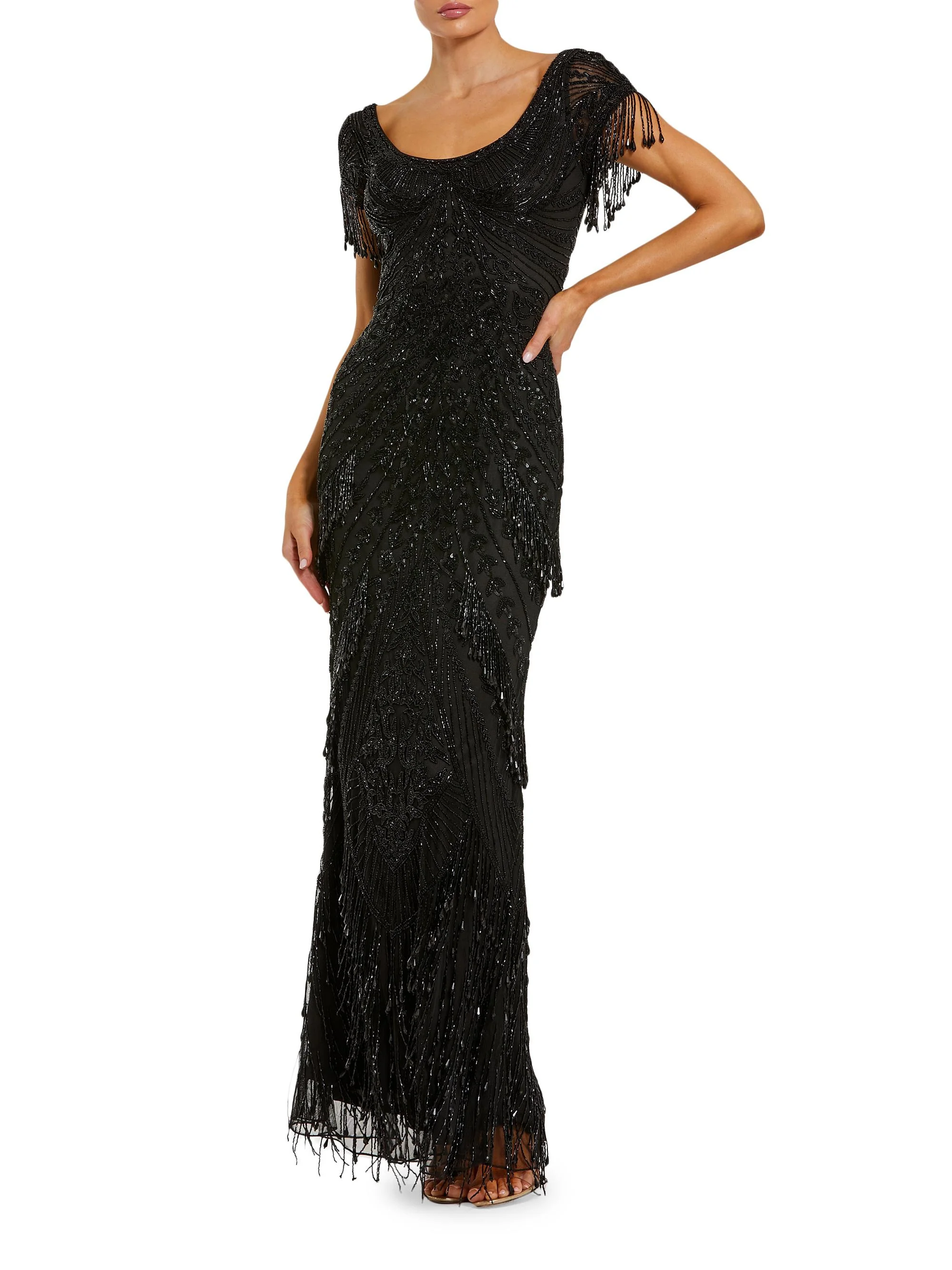 Women's Evening Beaded Fringe Short-Sleeve Gown - Black - 1