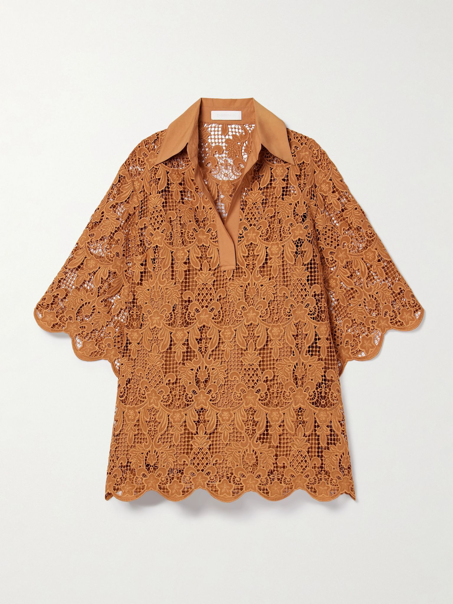 Coco oversized poplin-trimmed guipure lace tunic Camel - 1