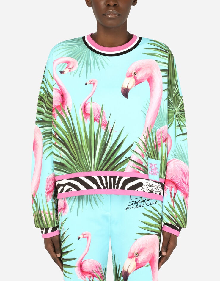 Round-neck jersey sweatshirt with flamingo print - 1