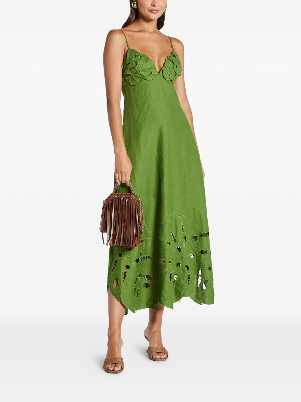 leaf-applique linen midi dress - 3