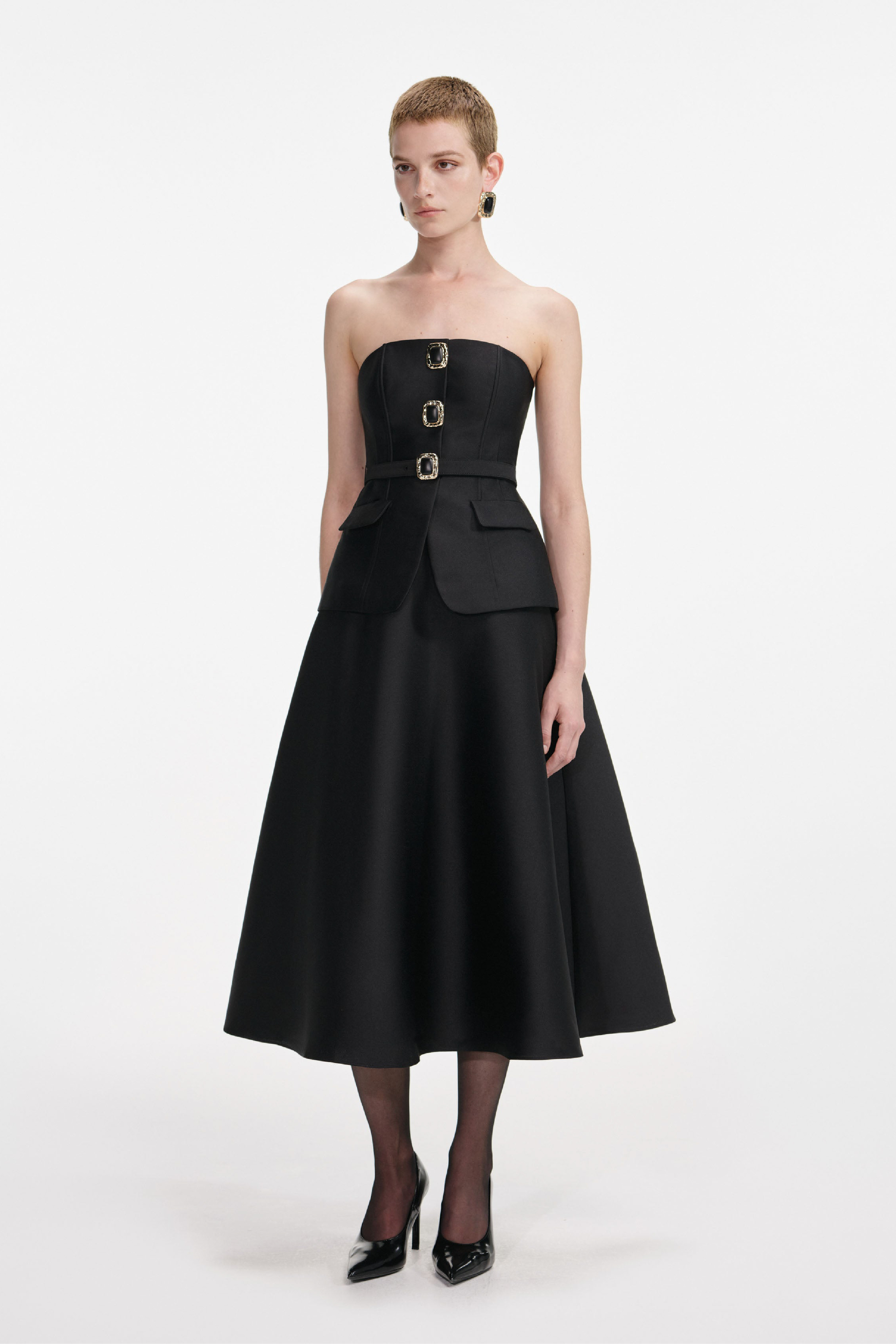 BLACK TAFFETA BANDEAU MIDI DRESS - 2