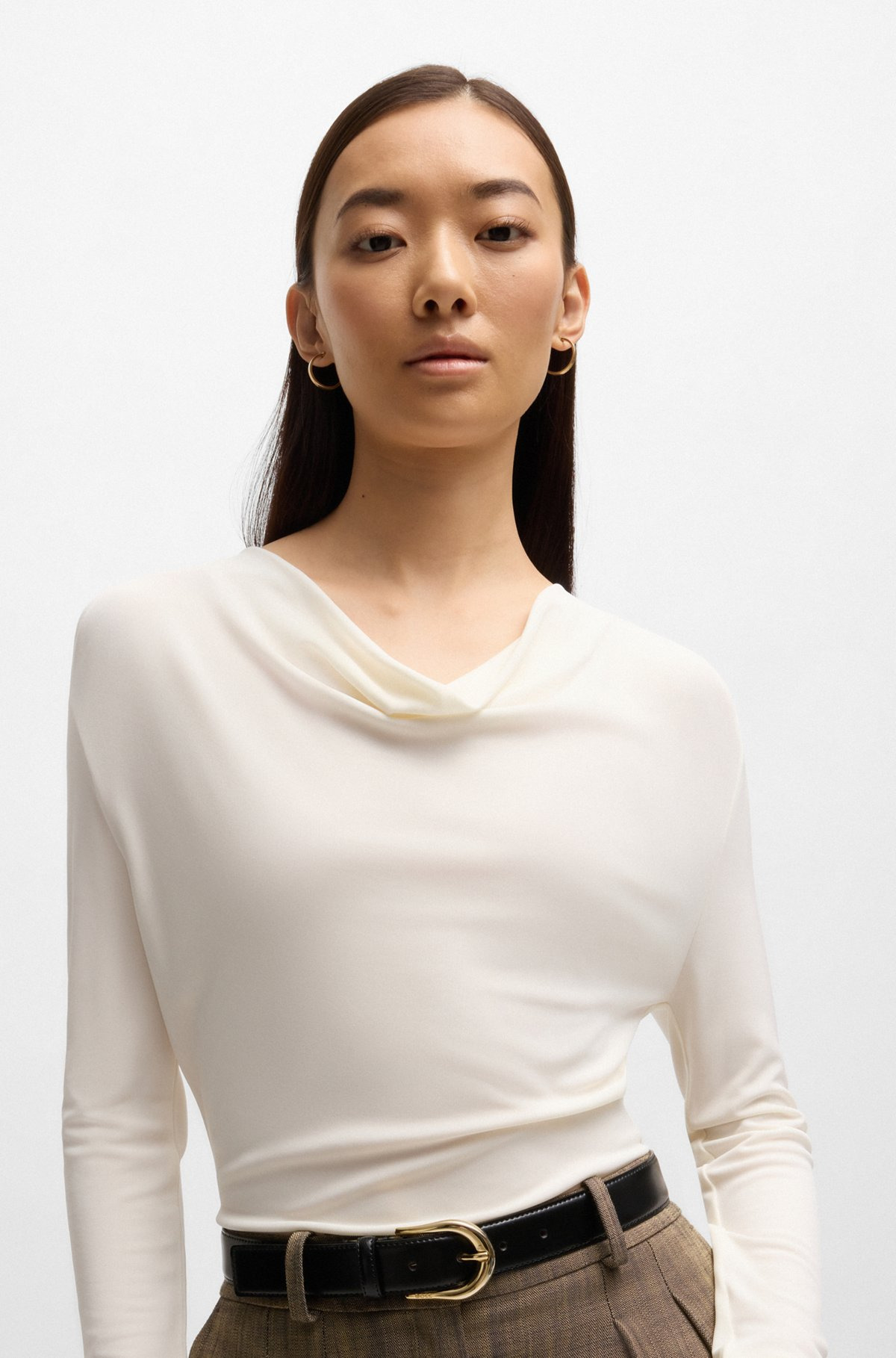 LONG-SLEEVED TOP IN STRETCH CREPE WITH COWL NECKLINE - 5