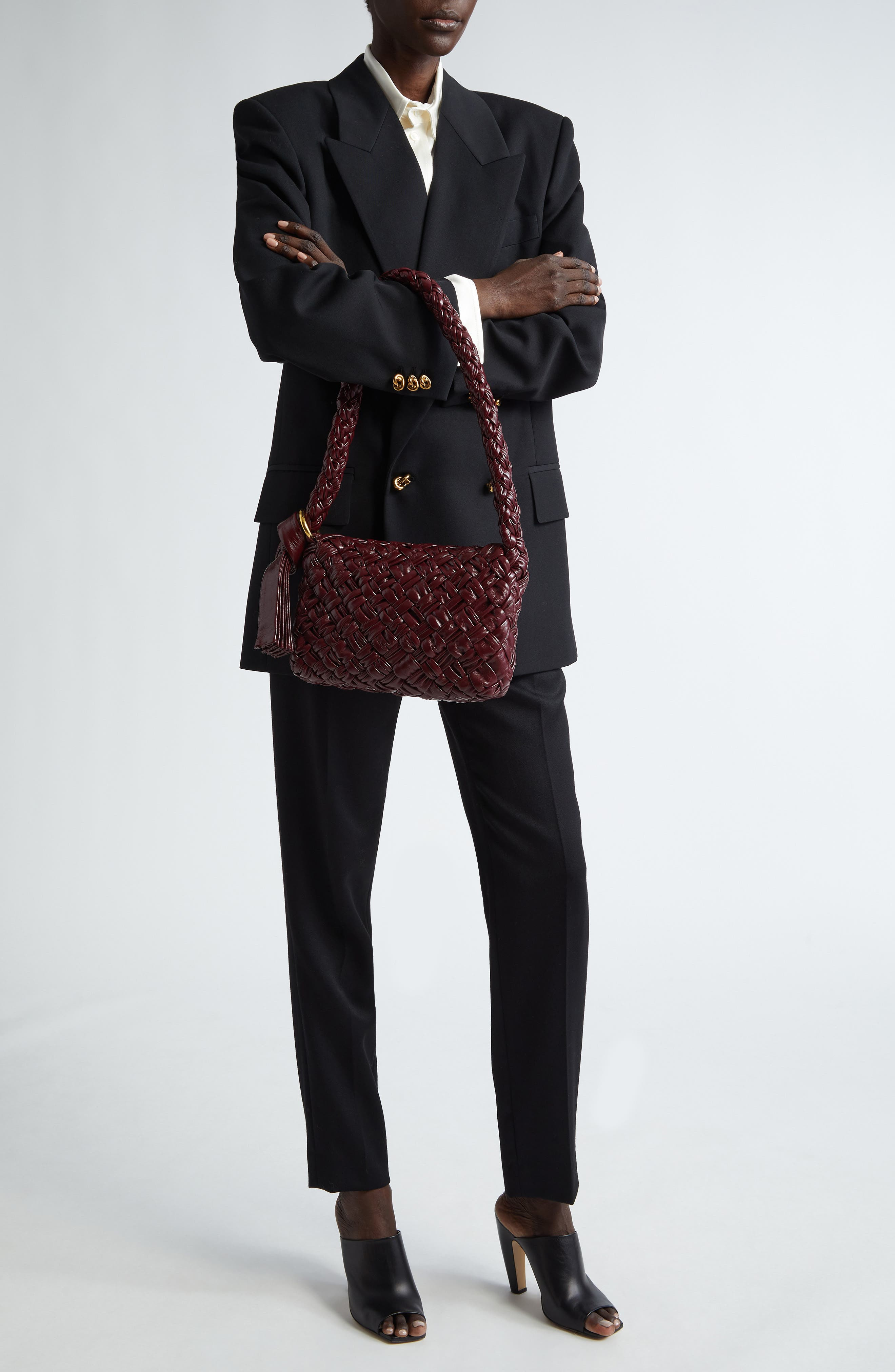 Bottega Veneta Kalimero Intrecciato Leather Shoulder Bag in Barolo/M Brass at Nordstrom - 3