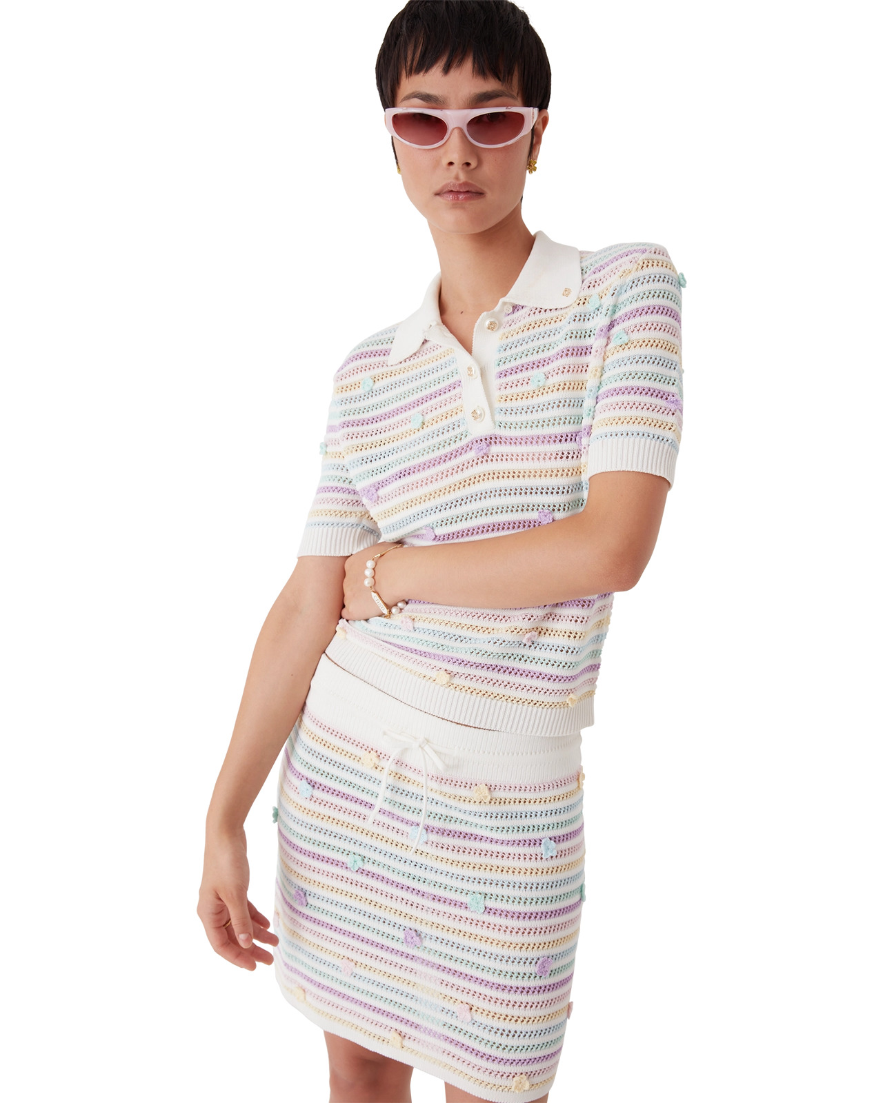 Flower Stripe Cotton Crochet Polo | Casablanca Paris - 4