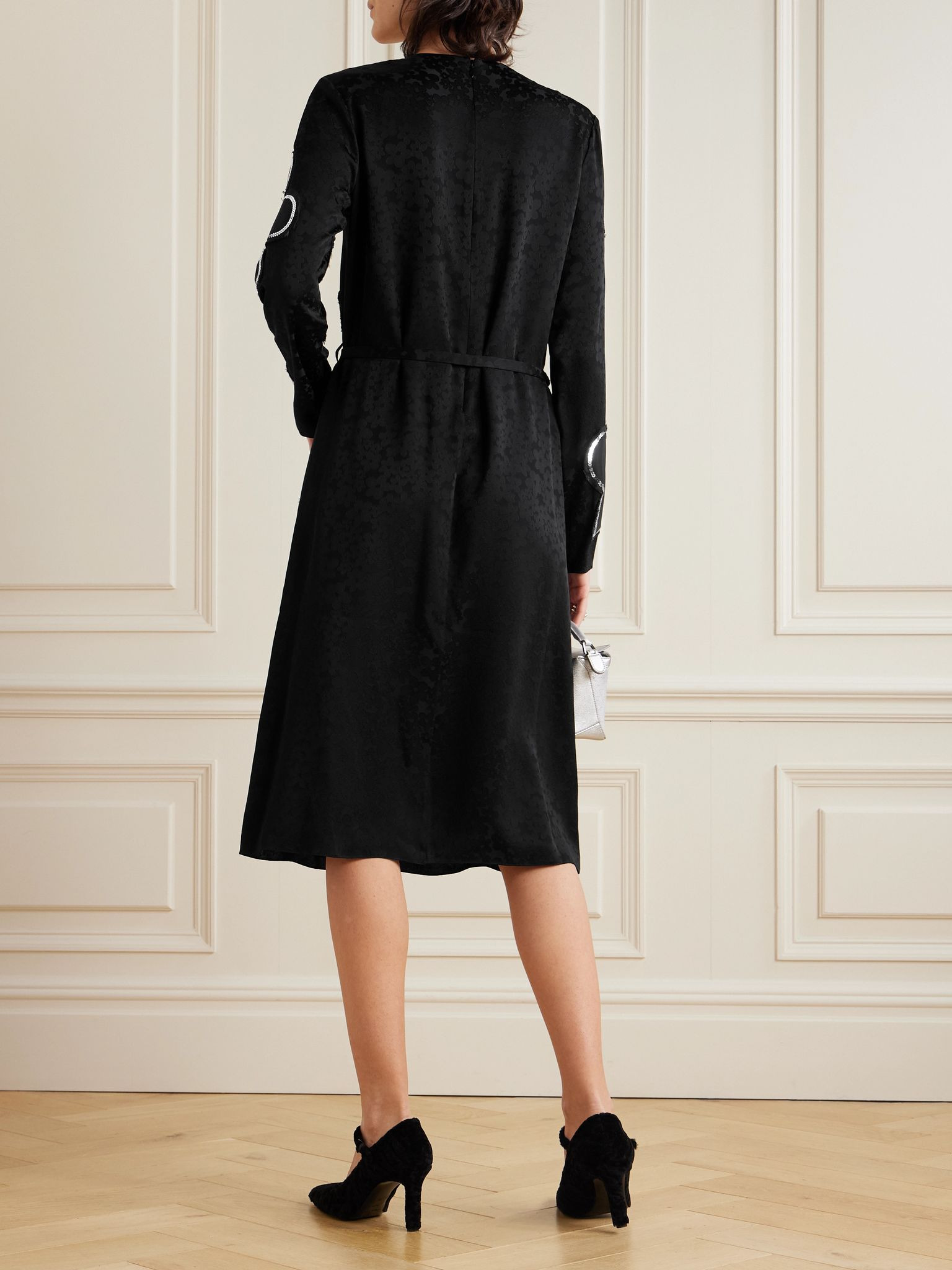 Belted sequin-embellished floral satin-jacquard midi dress Black - 3