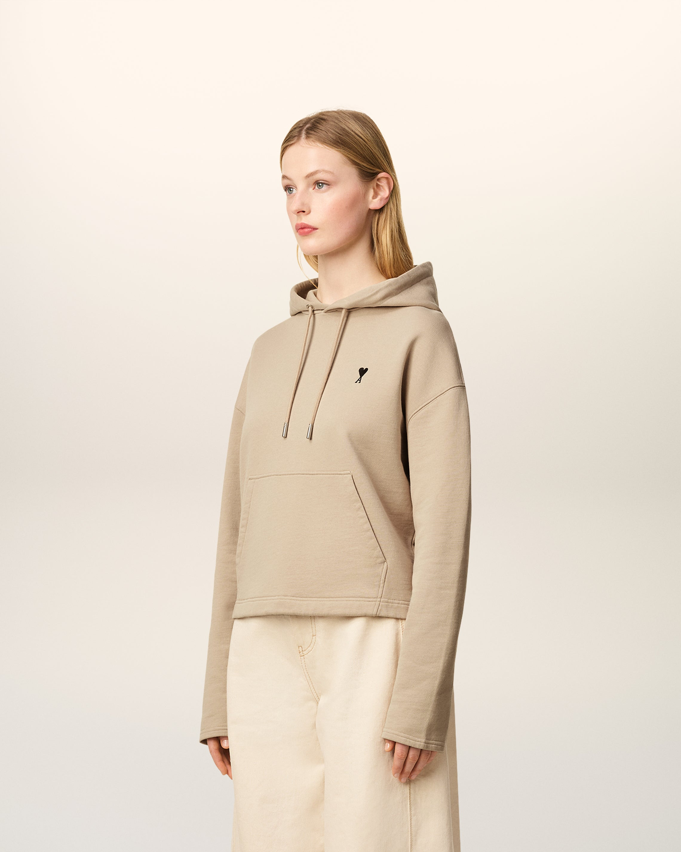 BEIGE COTTON CONTRASTED AMI DE COEUR HOODIE - 6
