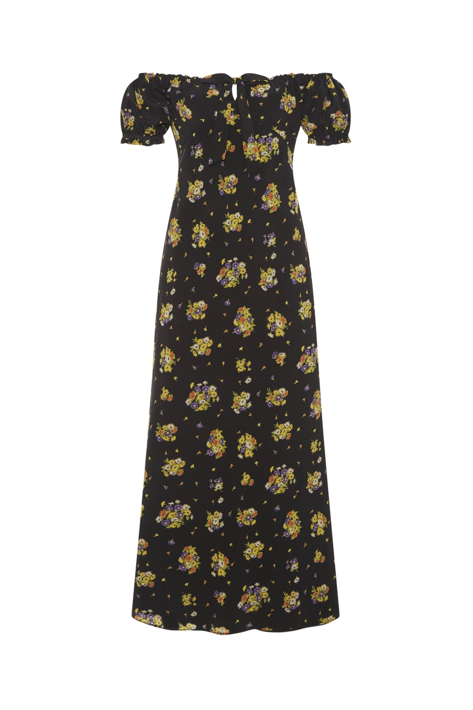 DAISY PRINT SILK OFF THE SHOULDER DRESS - 1