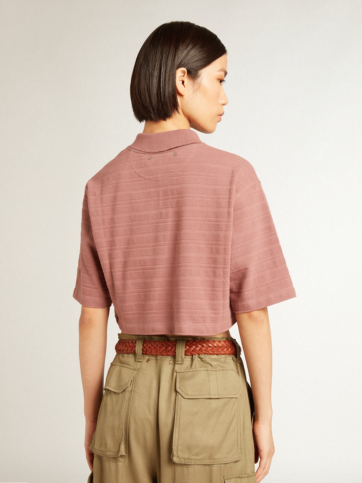 Taupe pink-colored cotton piquet cropped polo shirt - 4