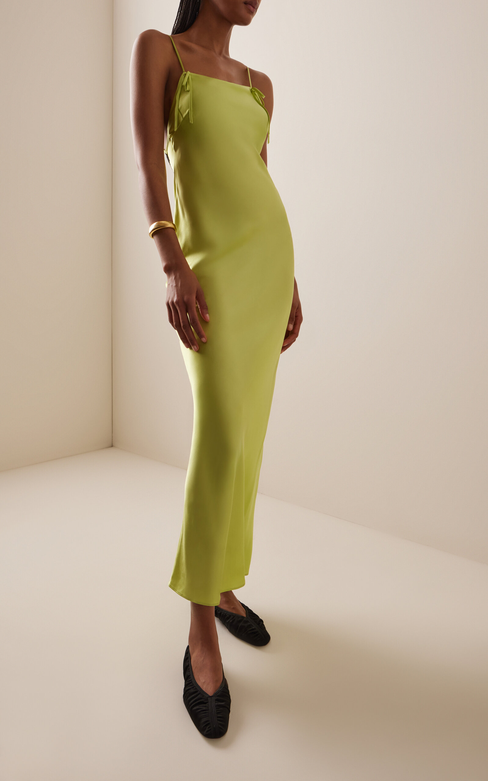 Lace-Trimmed Silk Maxi Slip Dress lime green - 2