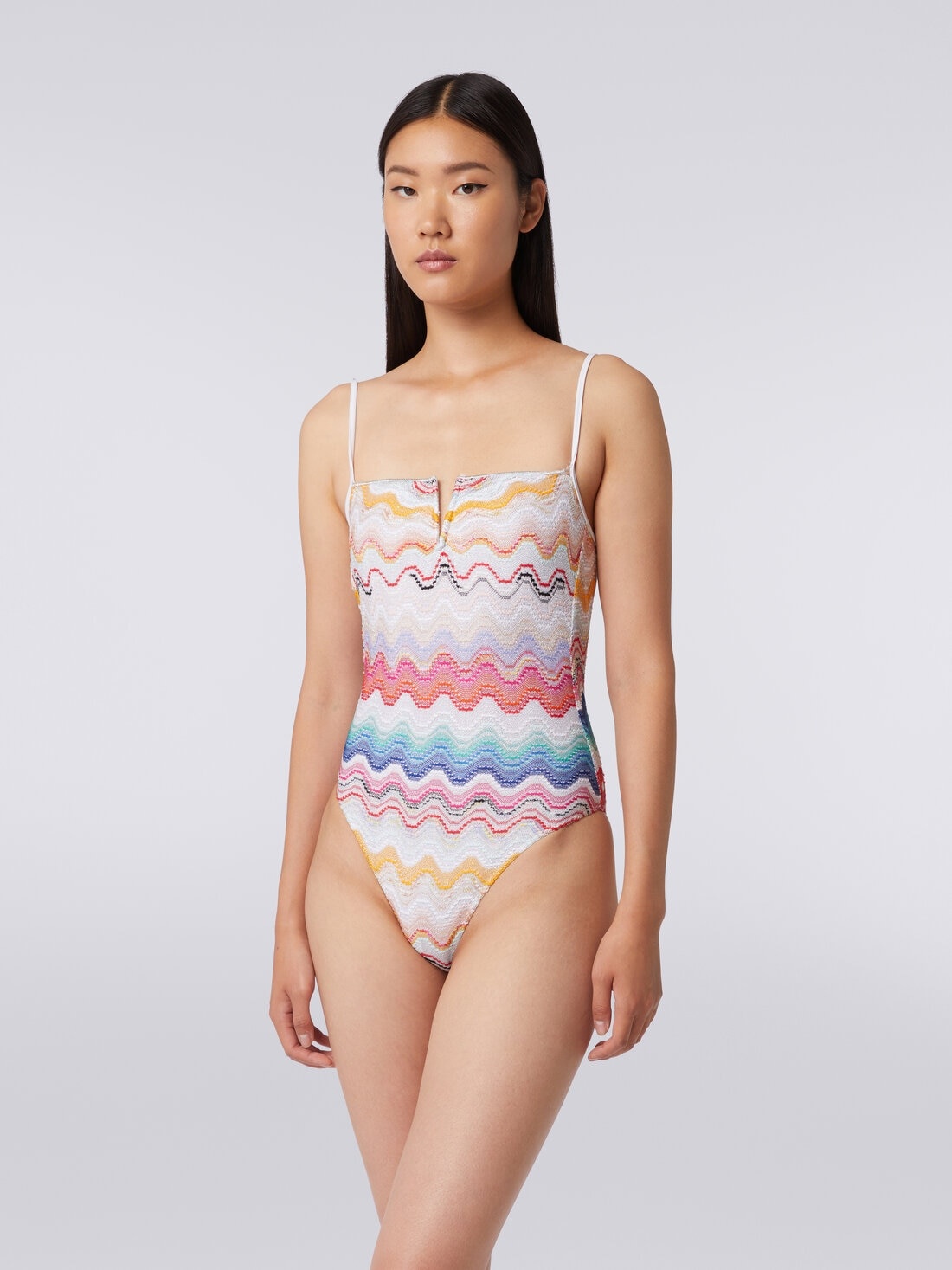 Wave motif one-piece swimming costume with underwire - 2