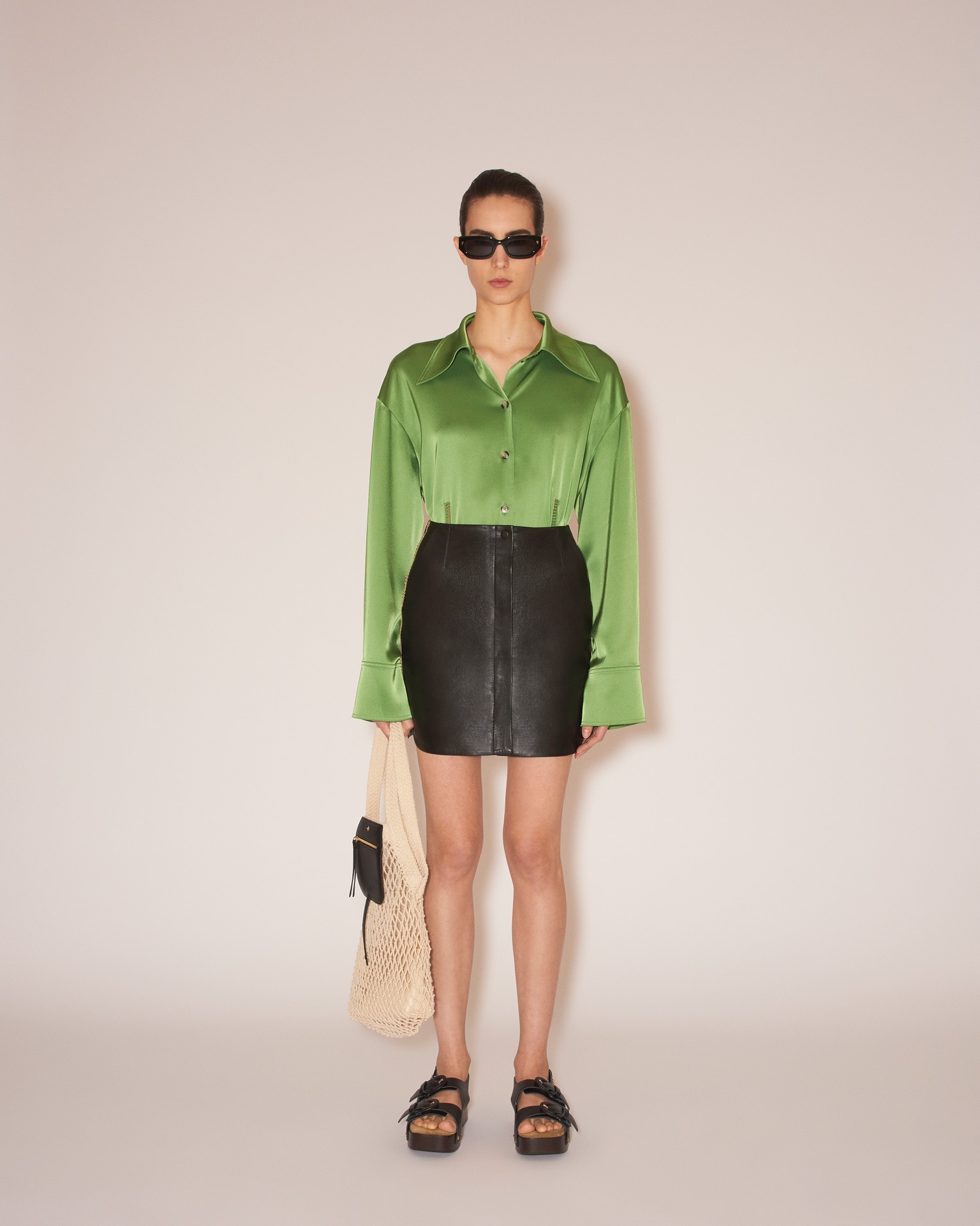 LYNN - Regenerated leather merrow-stitch mini skirt - Black - 3