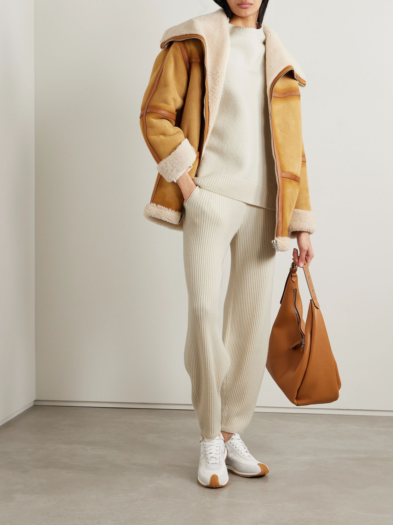 Ribbed silk and cashmere-blend tapered track pants Cream - 2