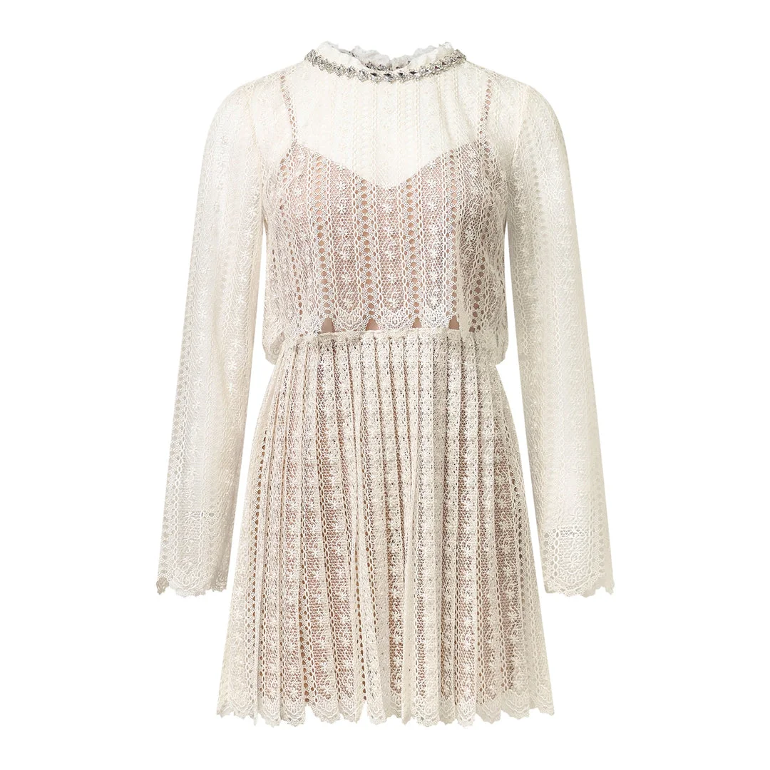 Cream Organza Lace Mini Dress - 1