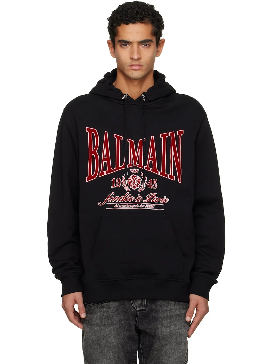 Black Flocked 'Balmain' College Hoodie - 1