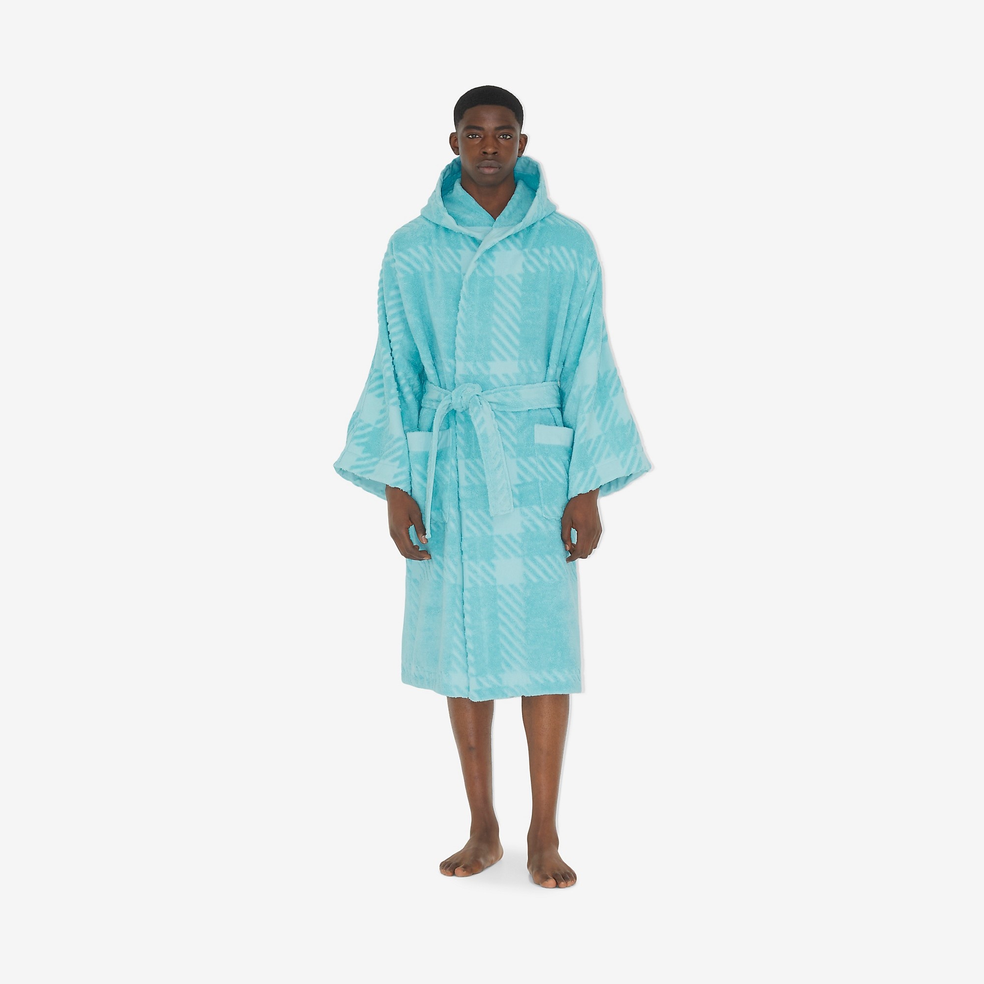 Check Cotton Jacquard Hooded Robe - 6