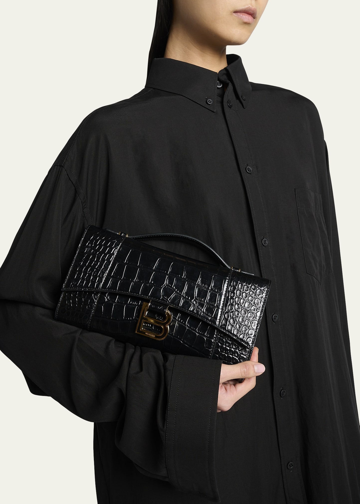 Hourglass Croc-Embossed Leather Top-Handle Bag - 2