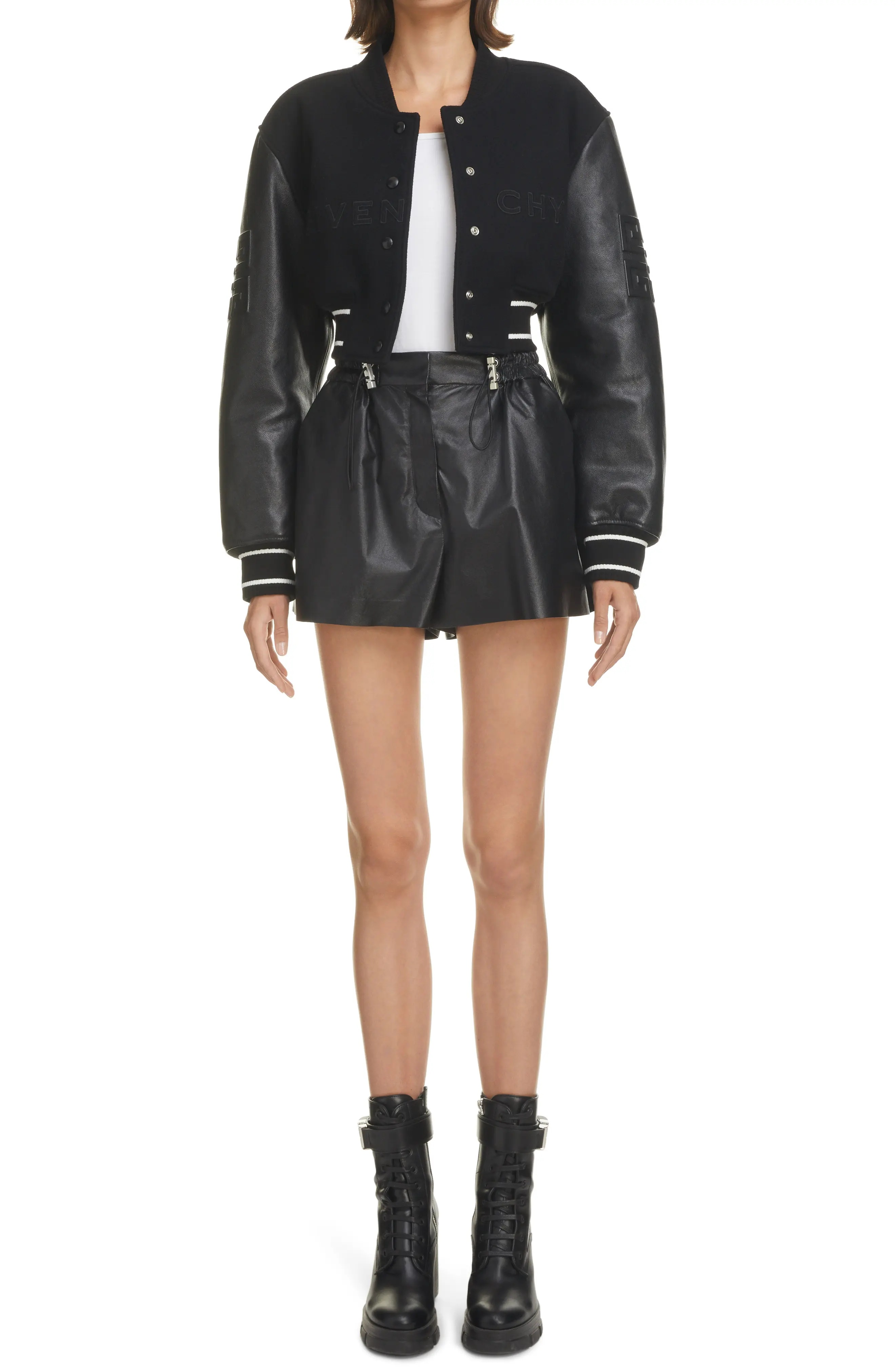【GIVENCHY】CROPPED VARSITY W/ LEATHER SLEEVES Givenchy Black Leather Sleeve Logo Crop Varsity Jacket