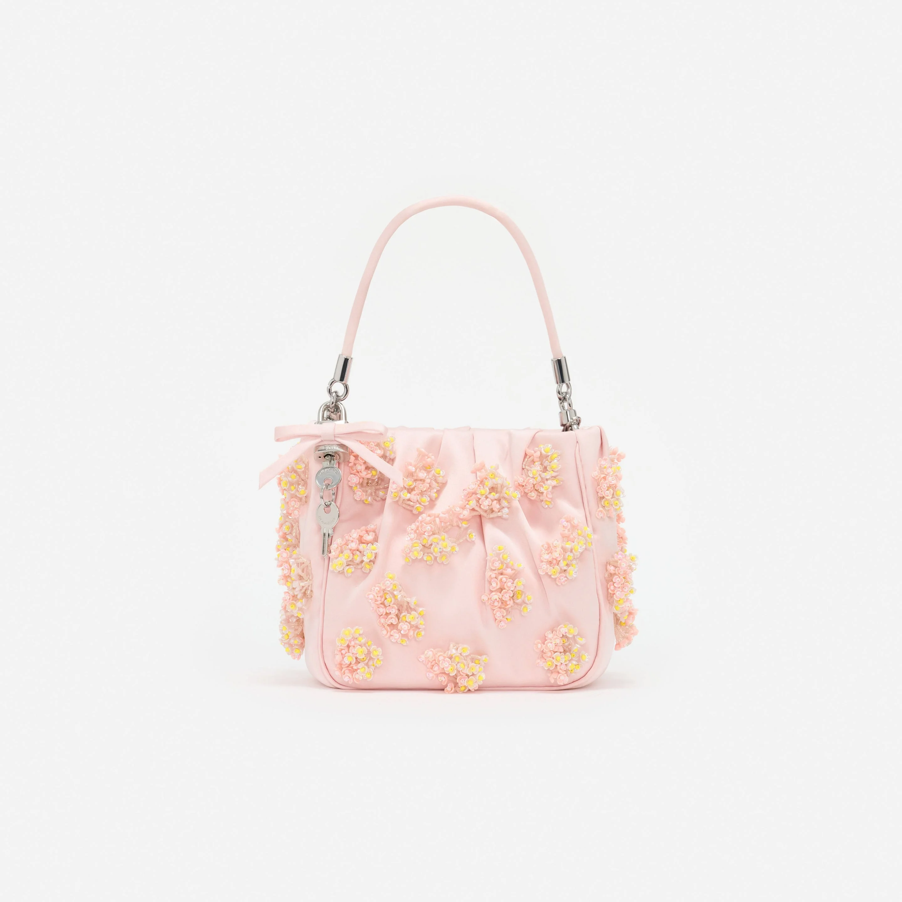 Pink Satin Floral Beaded Tote Bag - 1