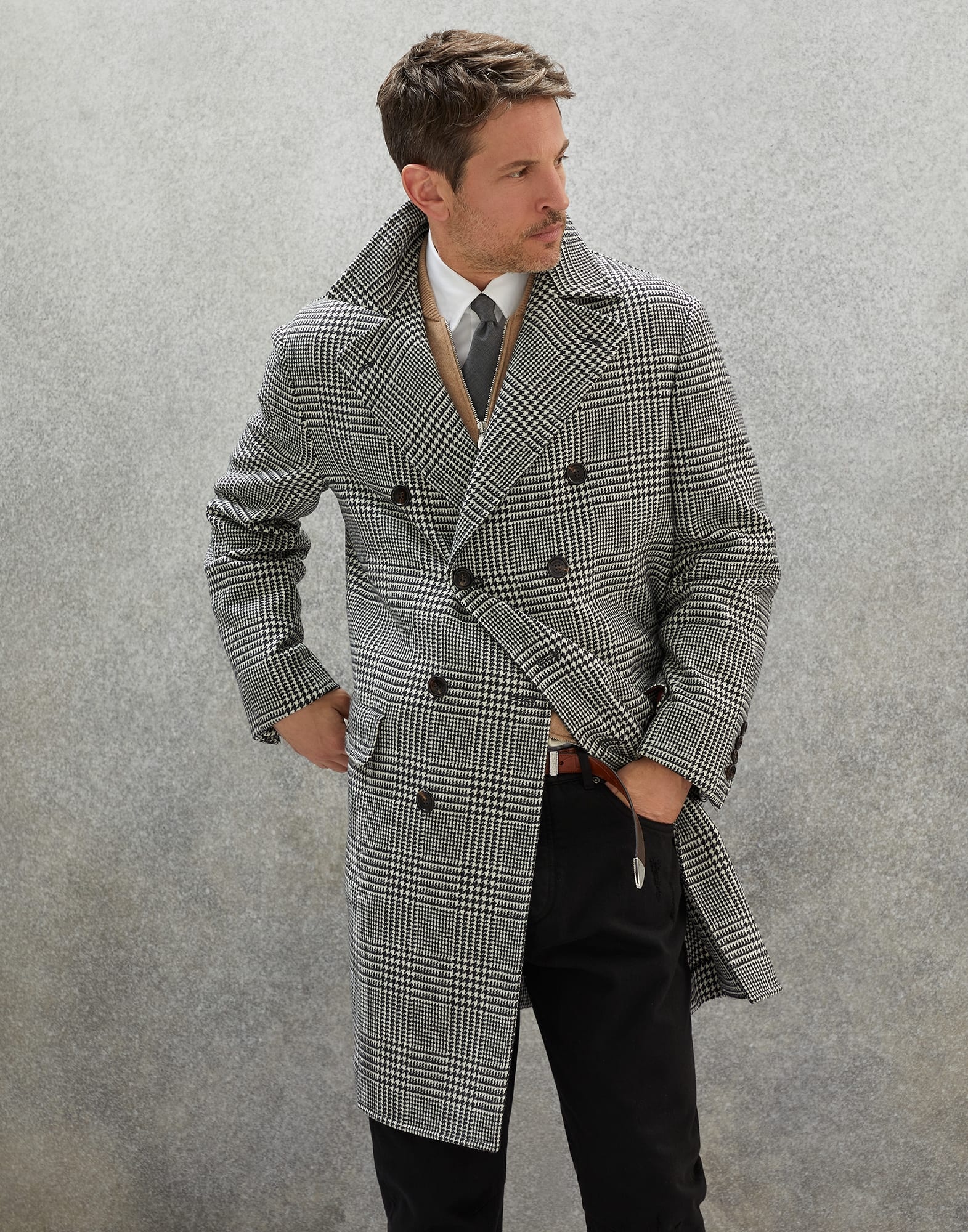 One-and-a-half breasted soft fit coat in virgin wool Prince of Wales - 1