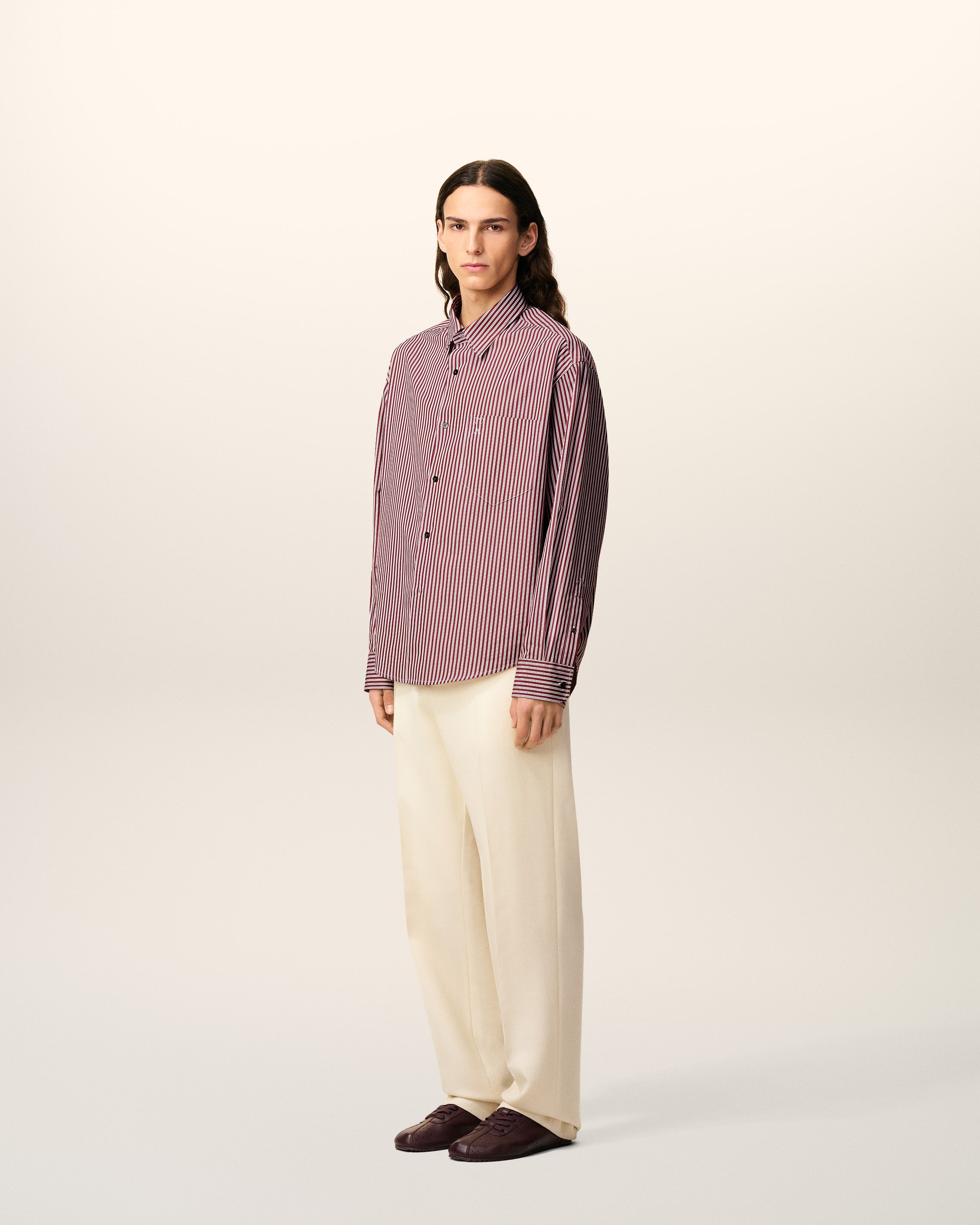 BURGUNDY COTTON EMBOSSED AMI DE COEUR STRIPED BOXY SHIRT - 6
