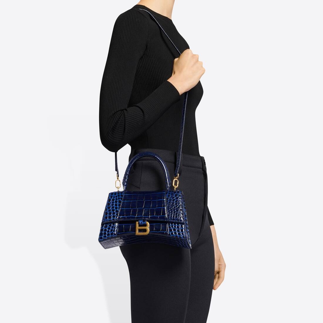 Women's Hourglass Small Handbag Crocodile Embossed in Navy - 6