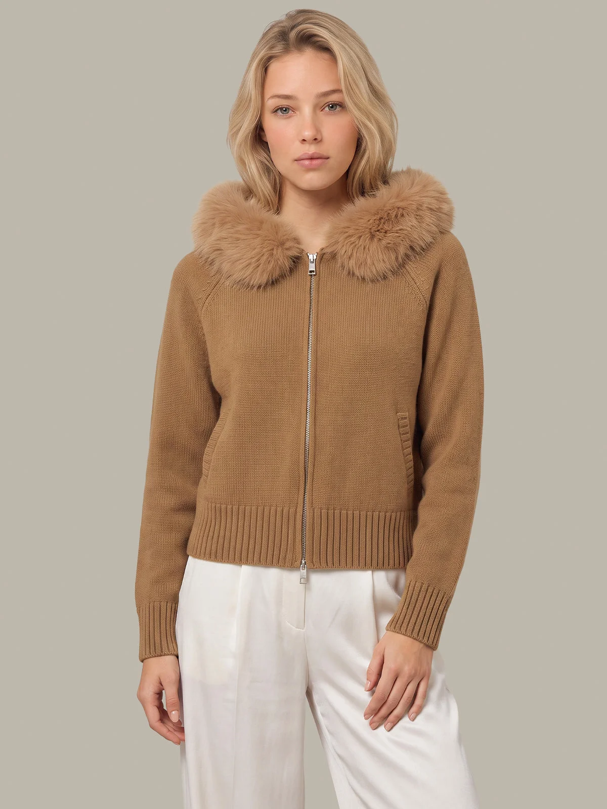 Cashmere Blend Faux Fur Collar Zip Cardigan - 1