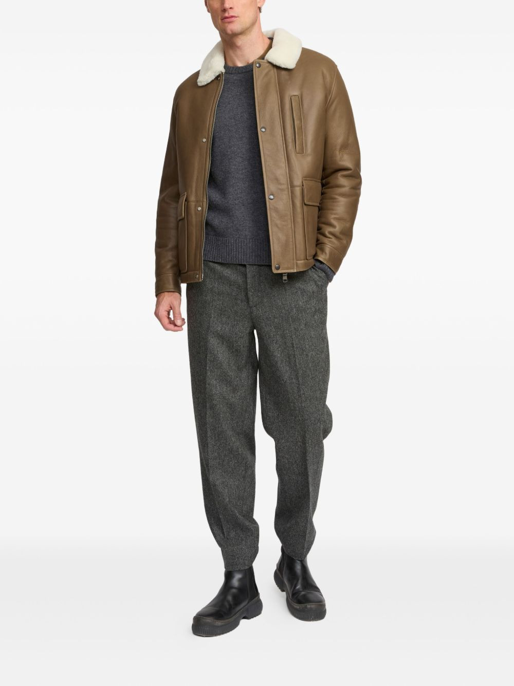 shearling collar leather jacket - 2