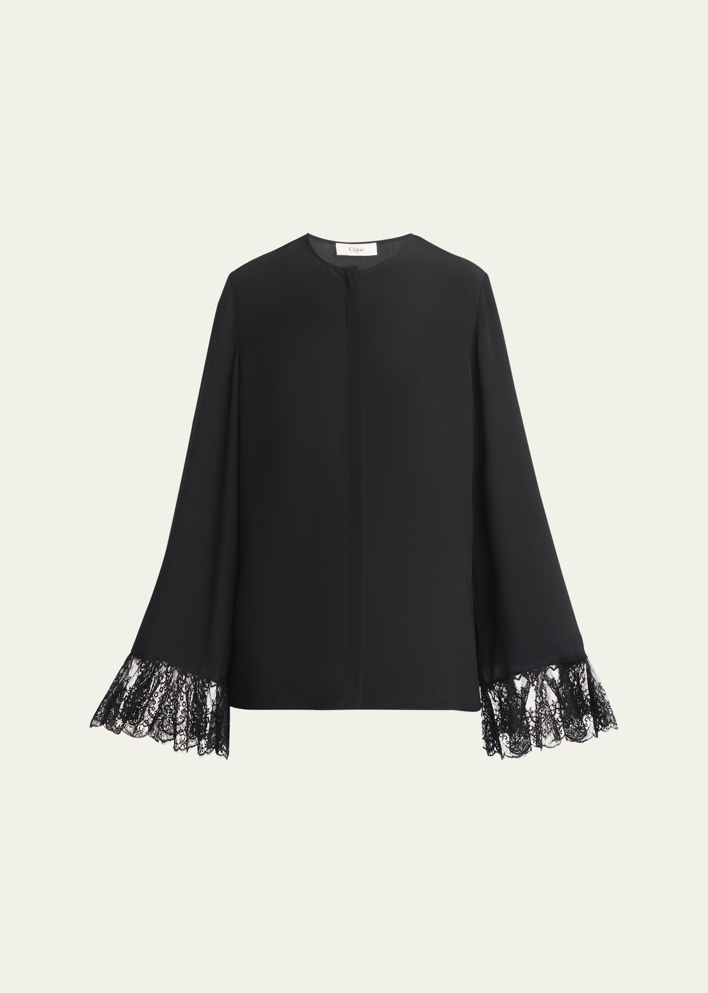 Button Down Crepe De Chine Top with Lace Sleeves - 1