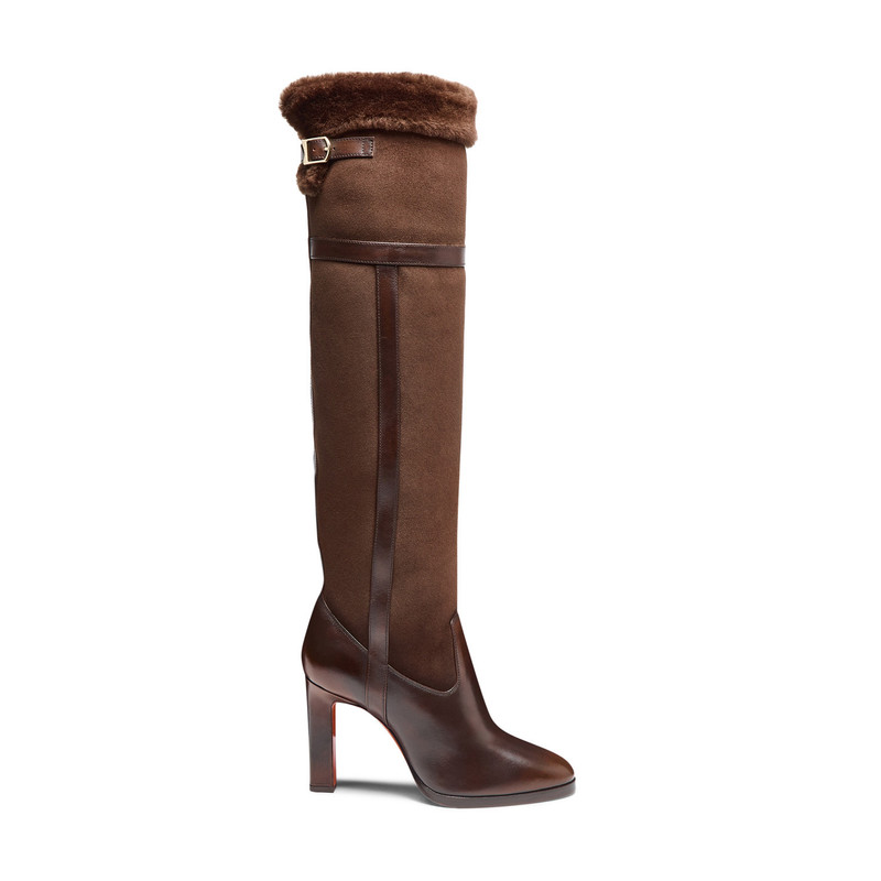 Women's dark brown leather and shearling high-heel boot 1