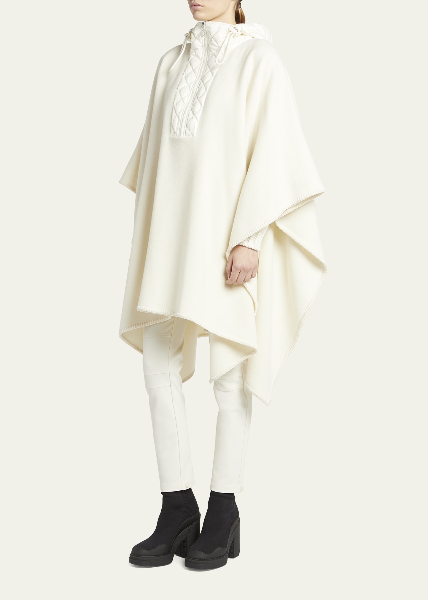 Hooded Long Wool Cape with Quilted Front - 2