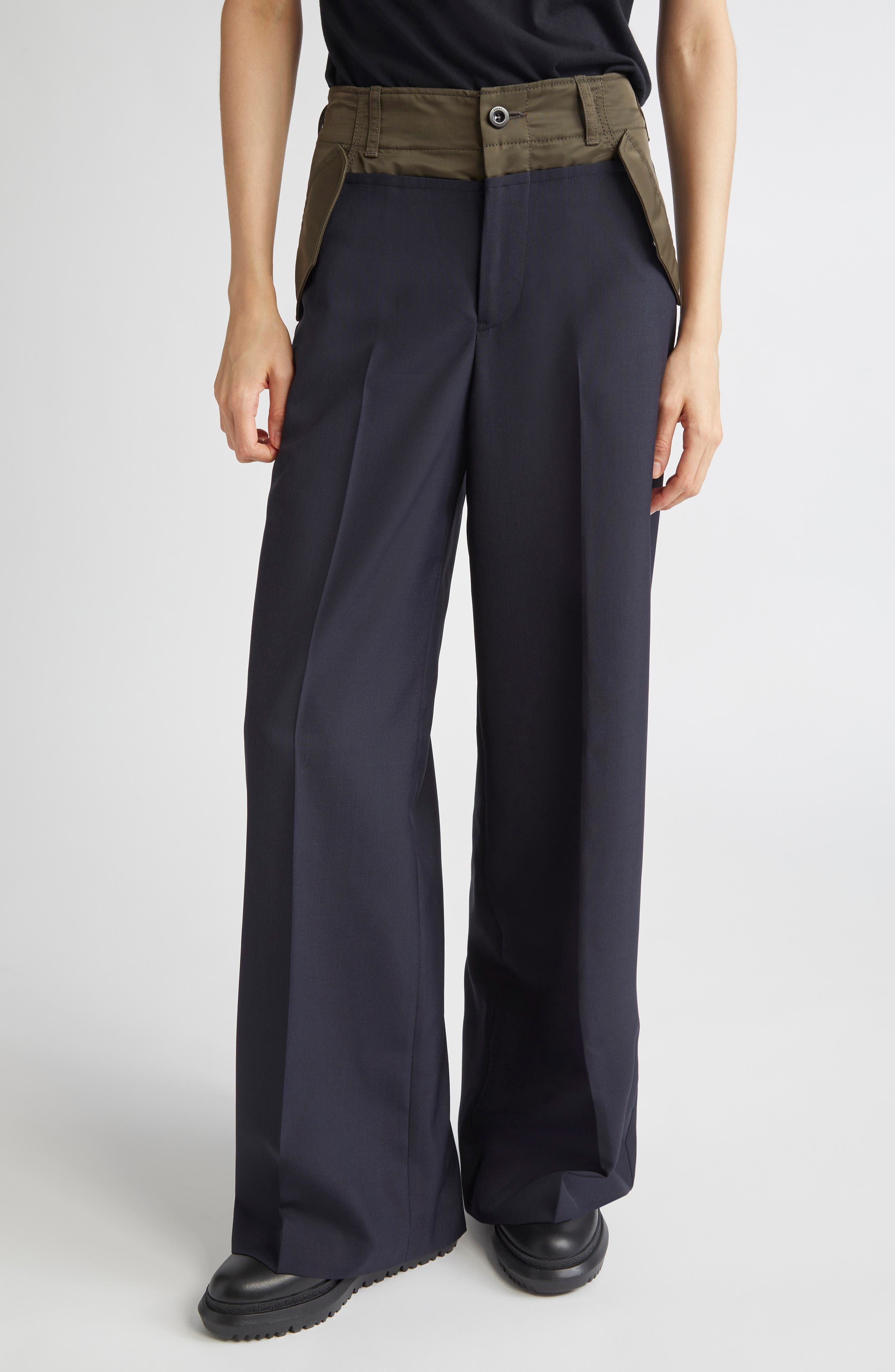 Sacai Suiting Mixed Media Straight Leg Pants in Navy/Dark Khaki at Nordstrom - 1