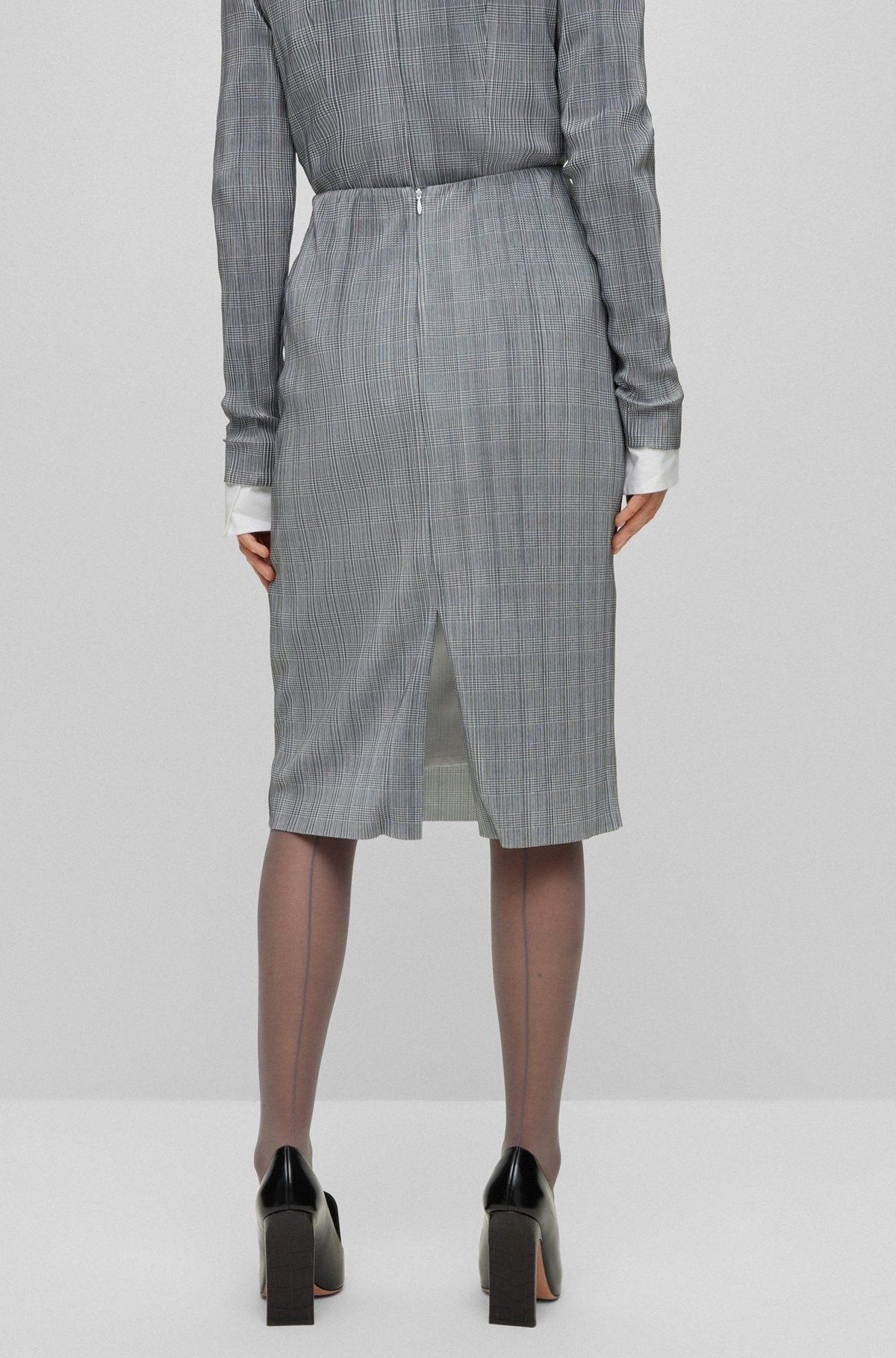 CHECKED, PLEATED PENCIL SKIRT - 4