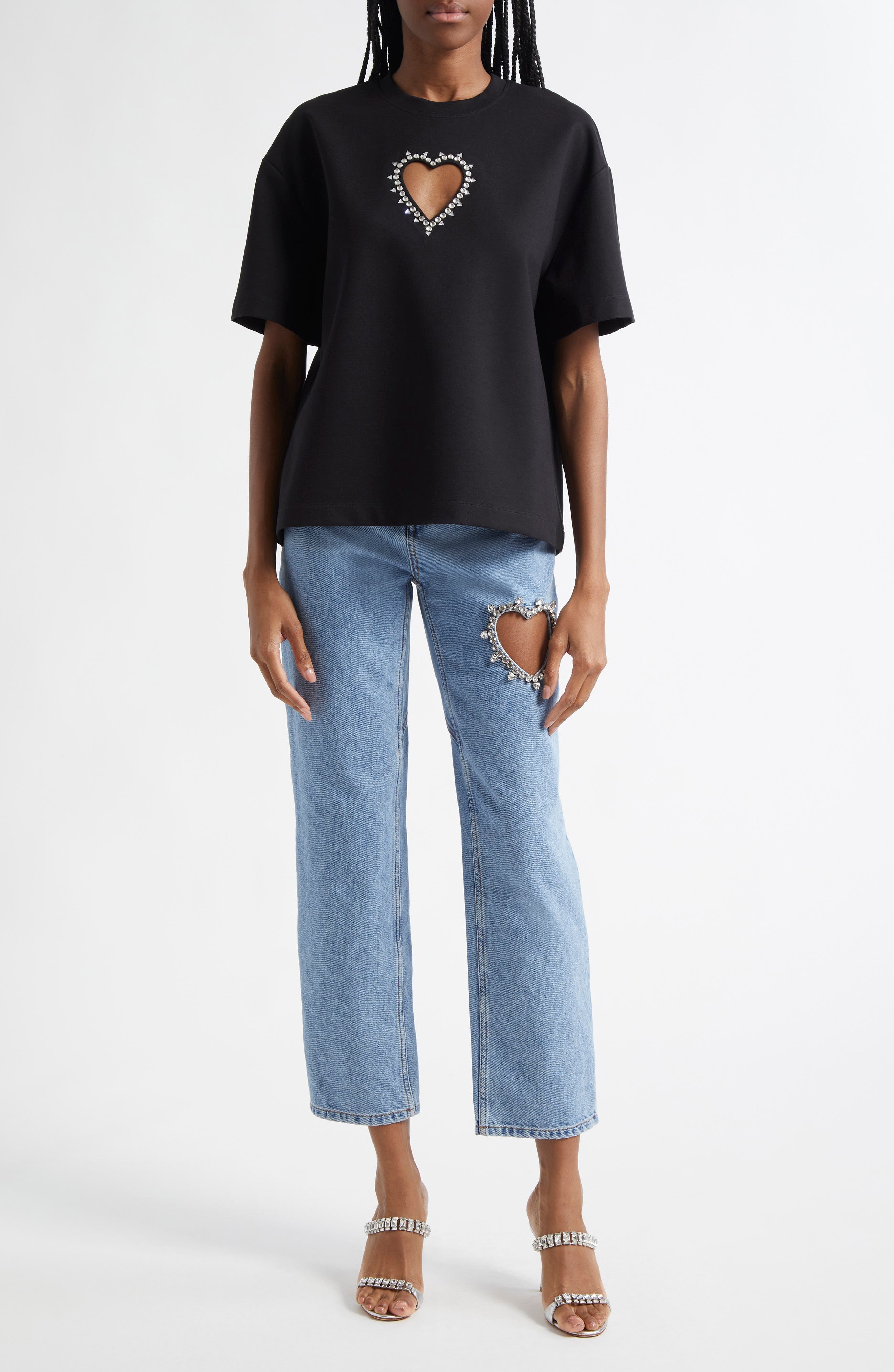 Area Crystal Trim Heart Cutout Relaxed Fit T-Shirt in Black at Nordstrom - 2