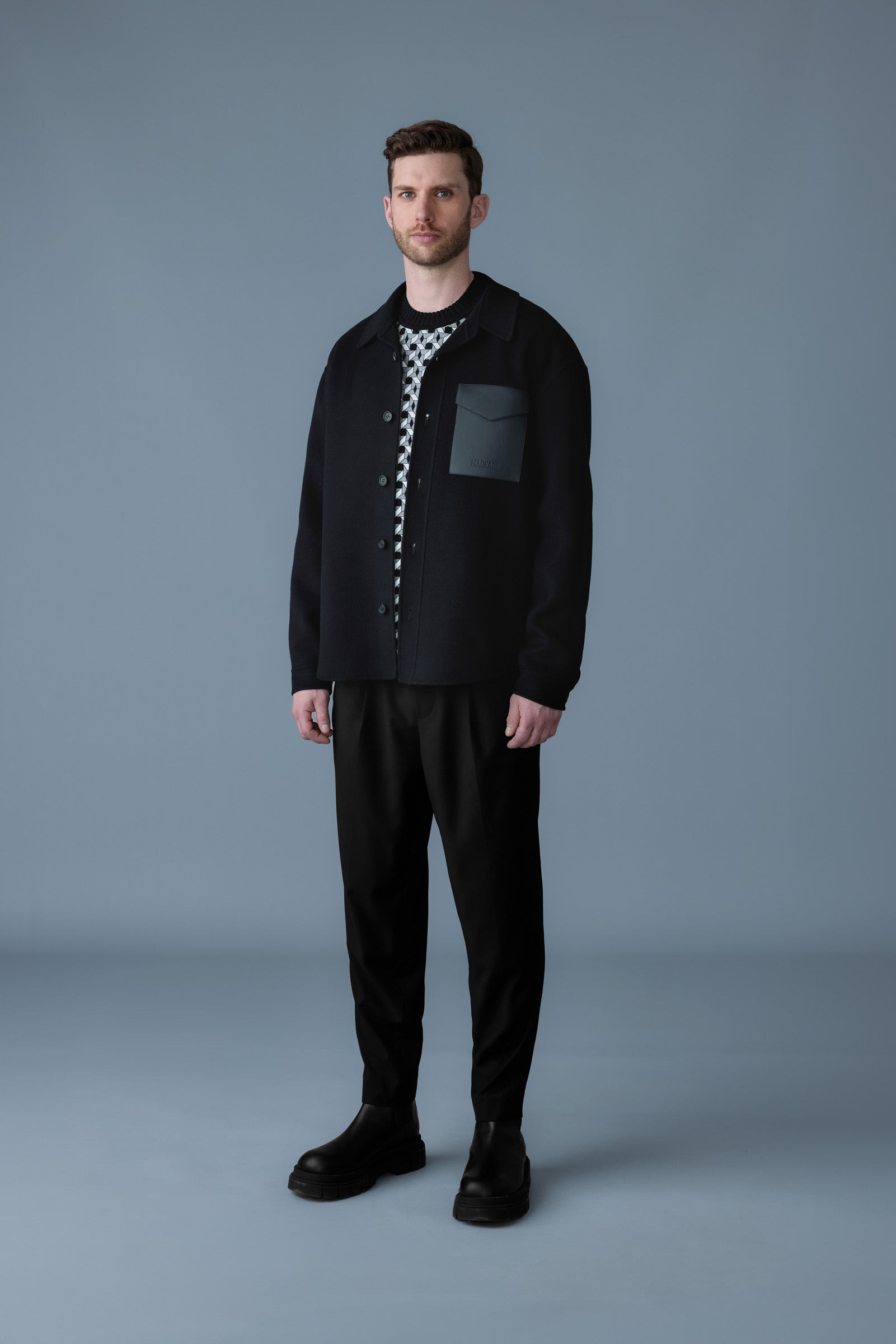 EMMANUEL Double-face wool overshirt with leather patch pocket - 2