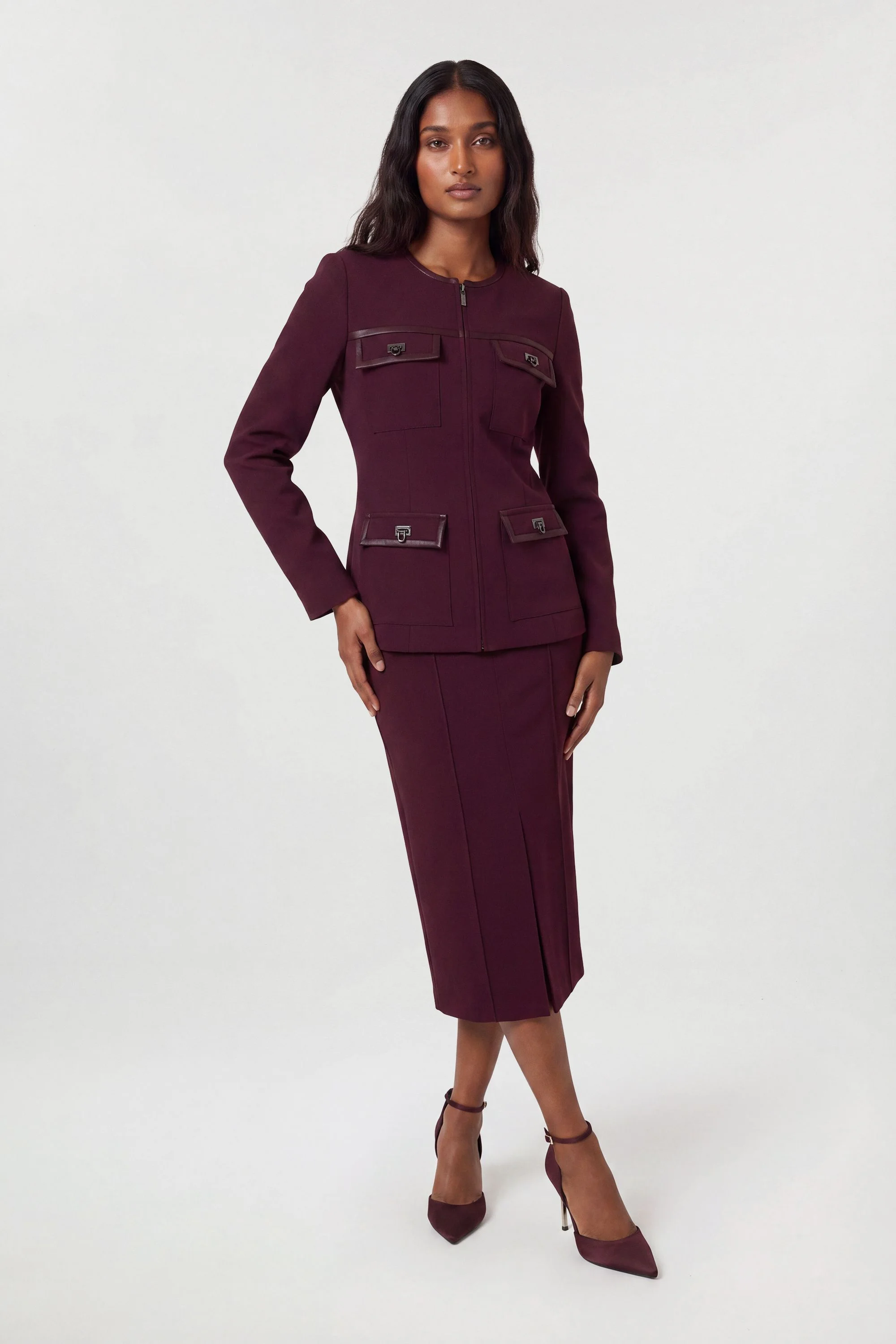 Forever Compact Stretch & PU Turn Lock Detail Tailored Midi Pencil Skirt - 1