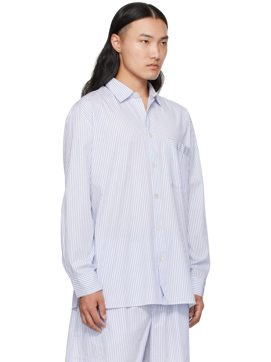 White & Blue Poplin Long-Sleeved Pyjama Shirt - 2