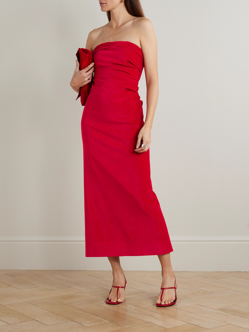 TOVE Sabella Strapless Ruched Cotton-blend Velvet Midi Dress outlook