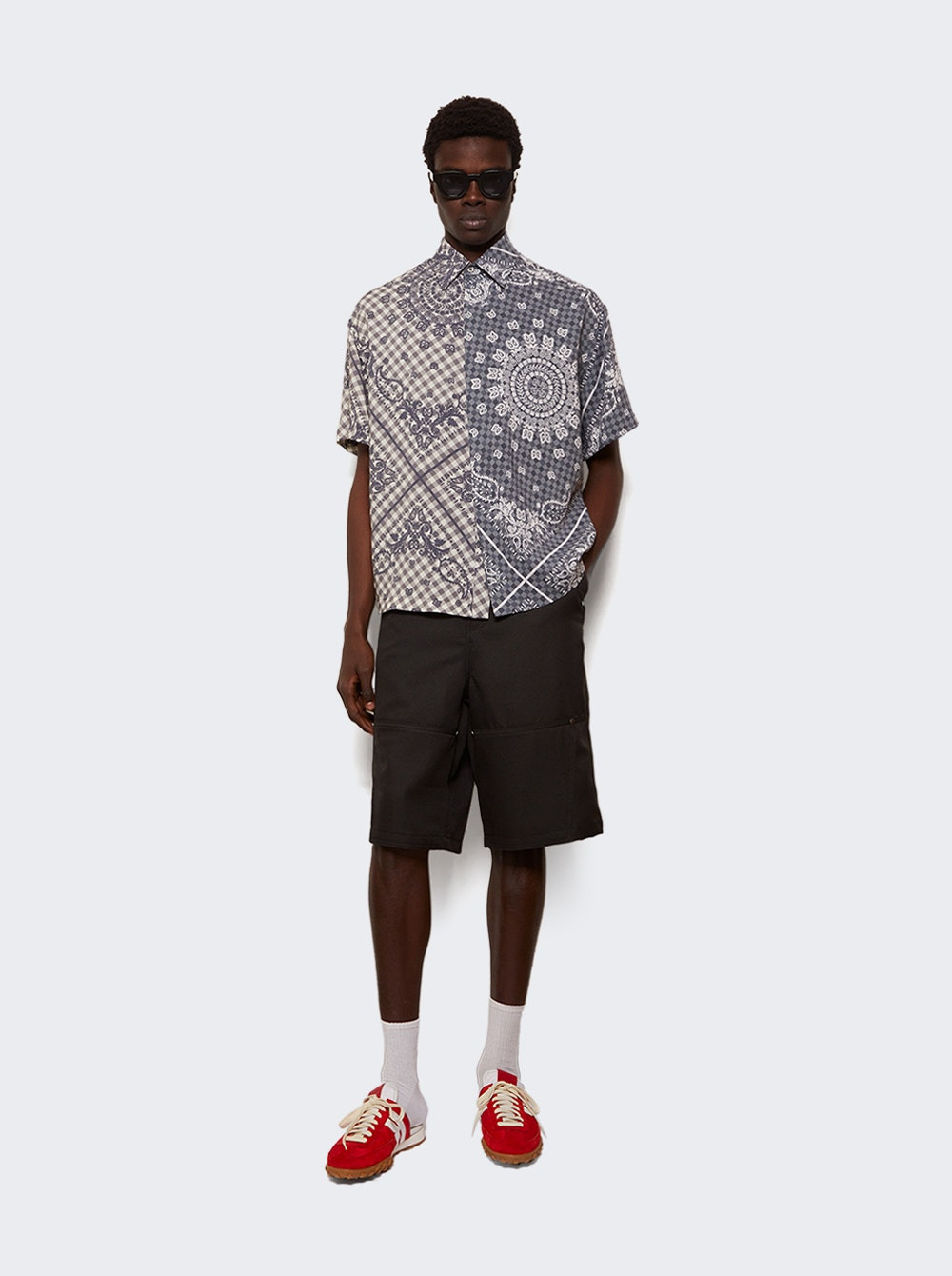 Split Gingham Bandana Button Up Shirt Black And White - 6