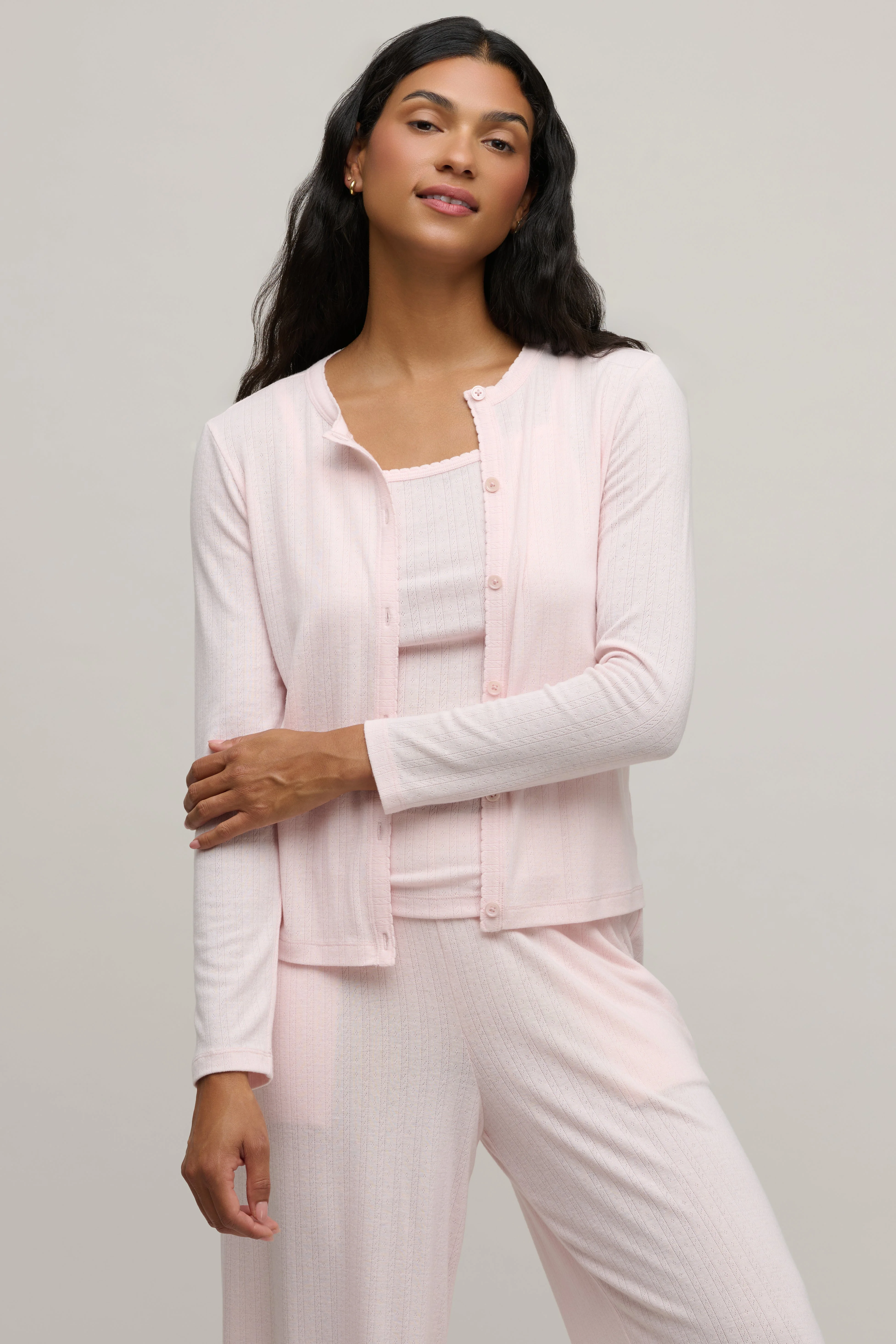 Pointelle Rib Cardigan with Scallop Trim - 1