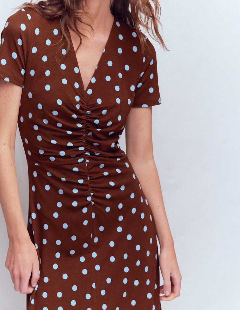 Una Ruched Front Ponte Dress-Raw Umber, Painted Dot 3