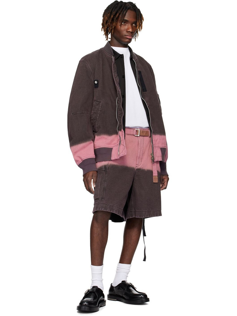 sacai Gray & Pink Garment-Dyed Denim Cargo Shorts outlook