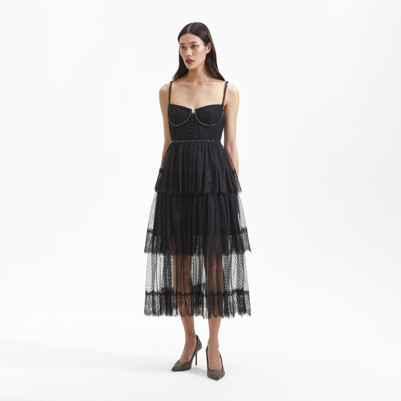 Black Dot Mesh Tier Midi Dress 2