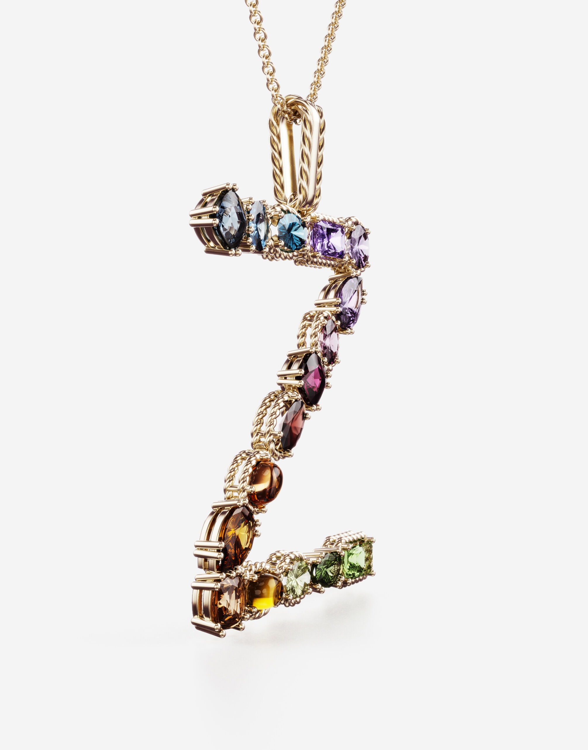 Rainbow alphabet Z pendant in yellow gold with multicolor fine gems - 3