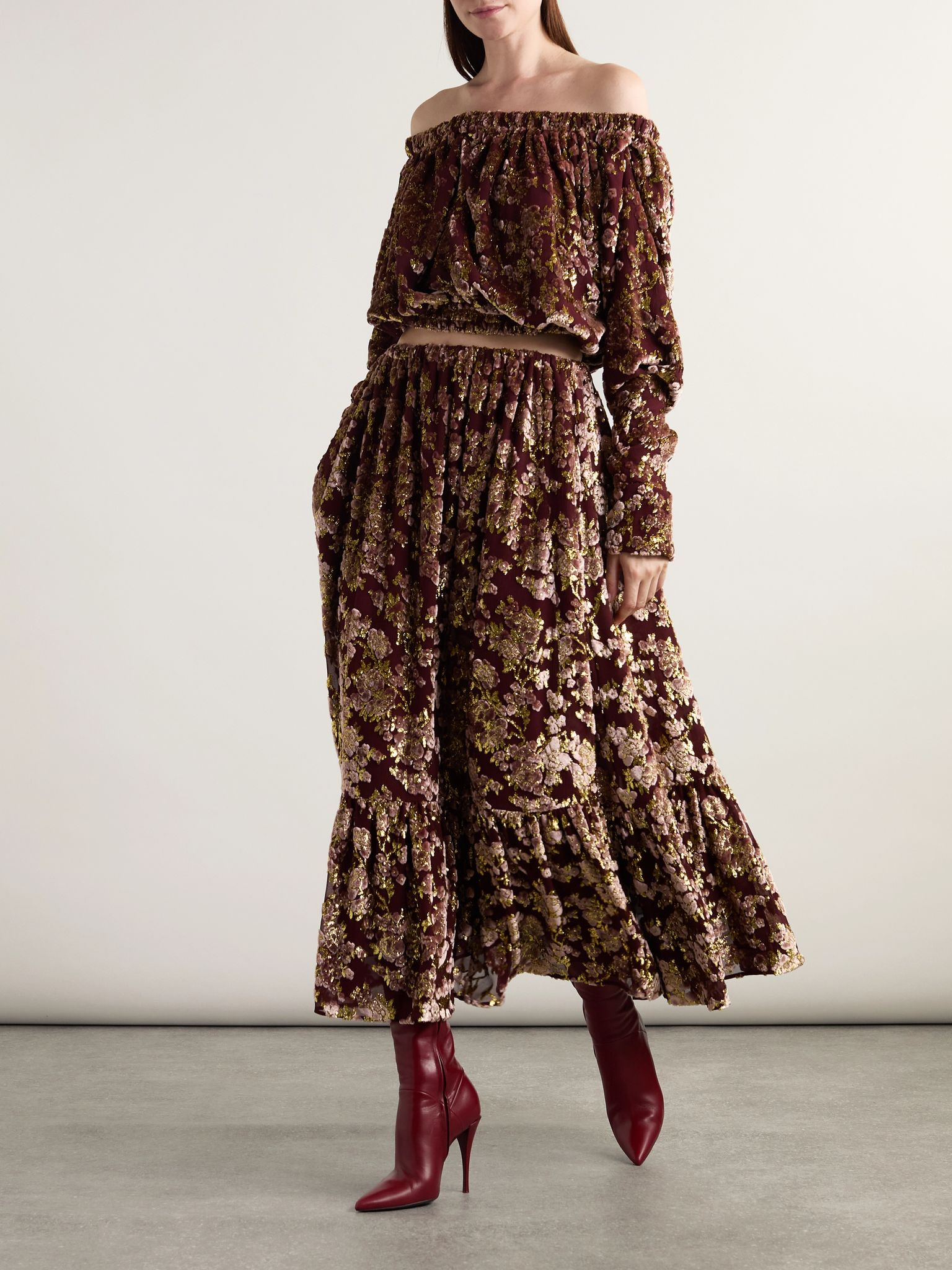 Tiered metallic devoré-velvet maxi skirt Burgundy - 2