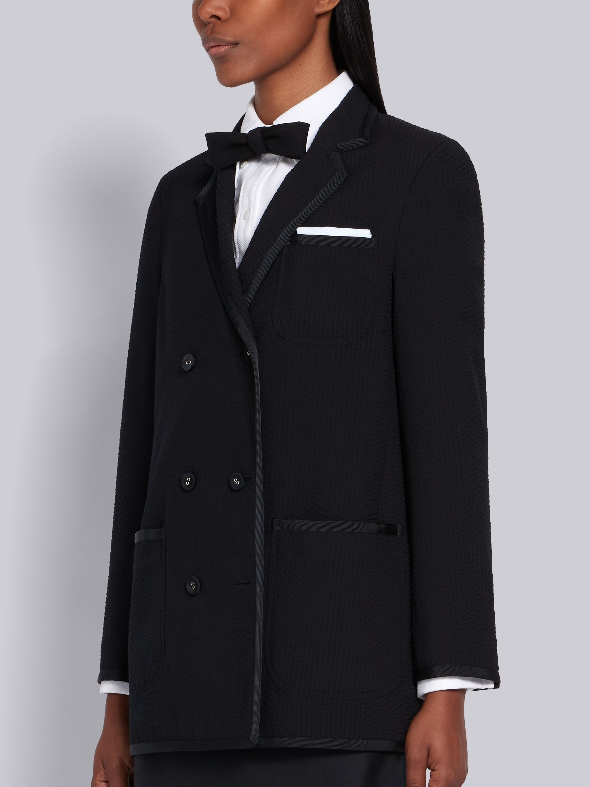 Black Wool Seersucker Grosgrain Tipped Sack Jacket - 2