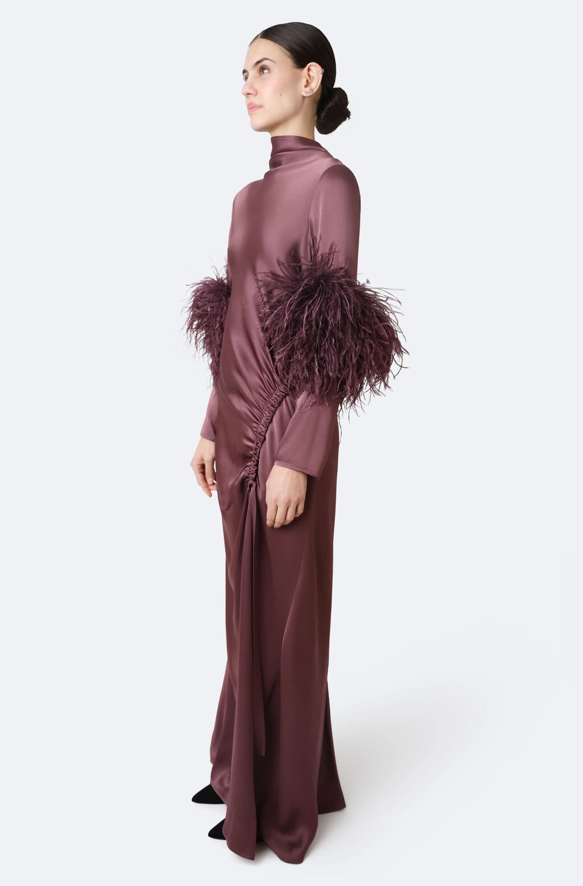 Satin Tab Gown With Feathers - 1